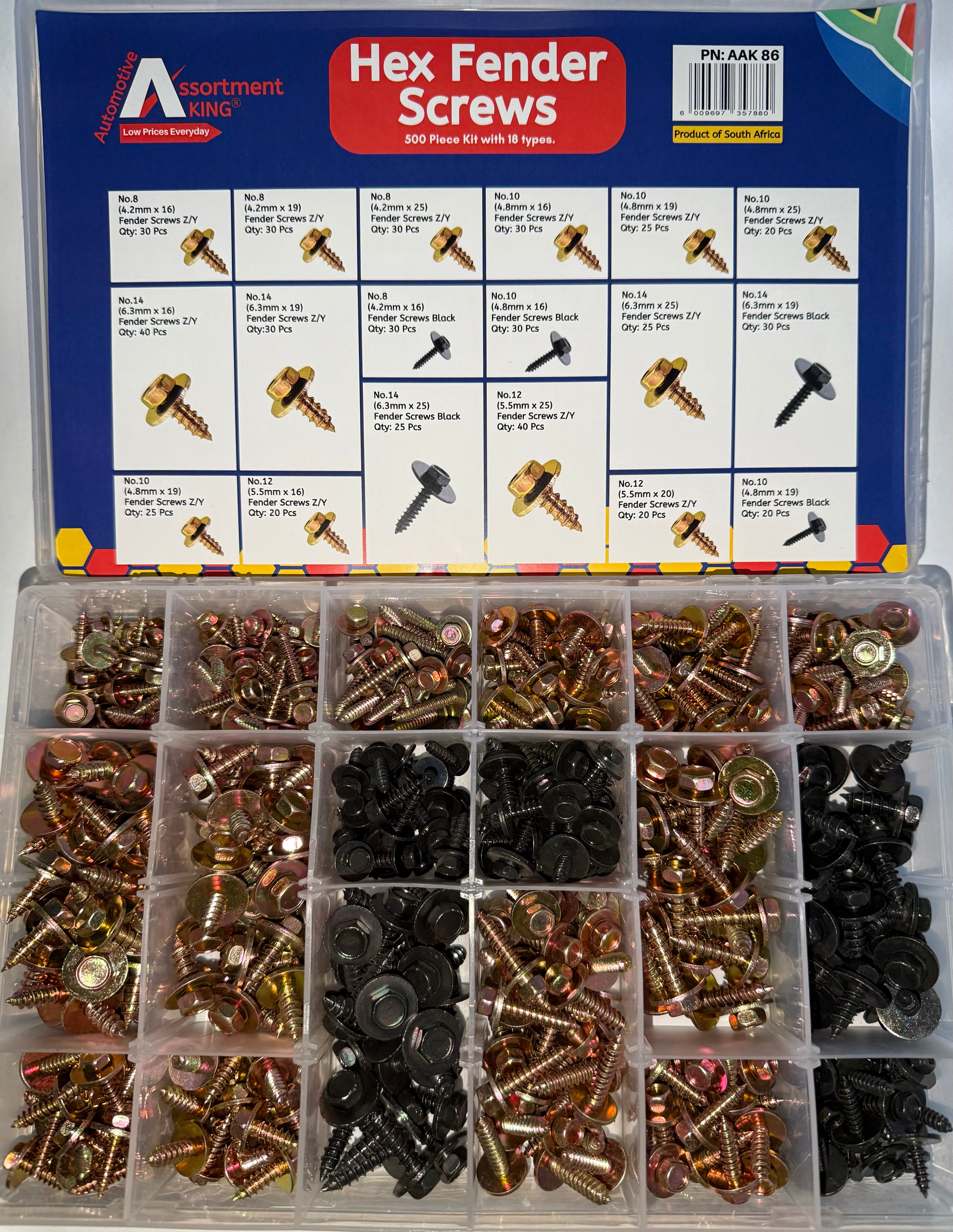 Hex Fender Screws Assortment Kit (Zinc Yellow & Black Phosphate) – 500 Pieces | Large Box