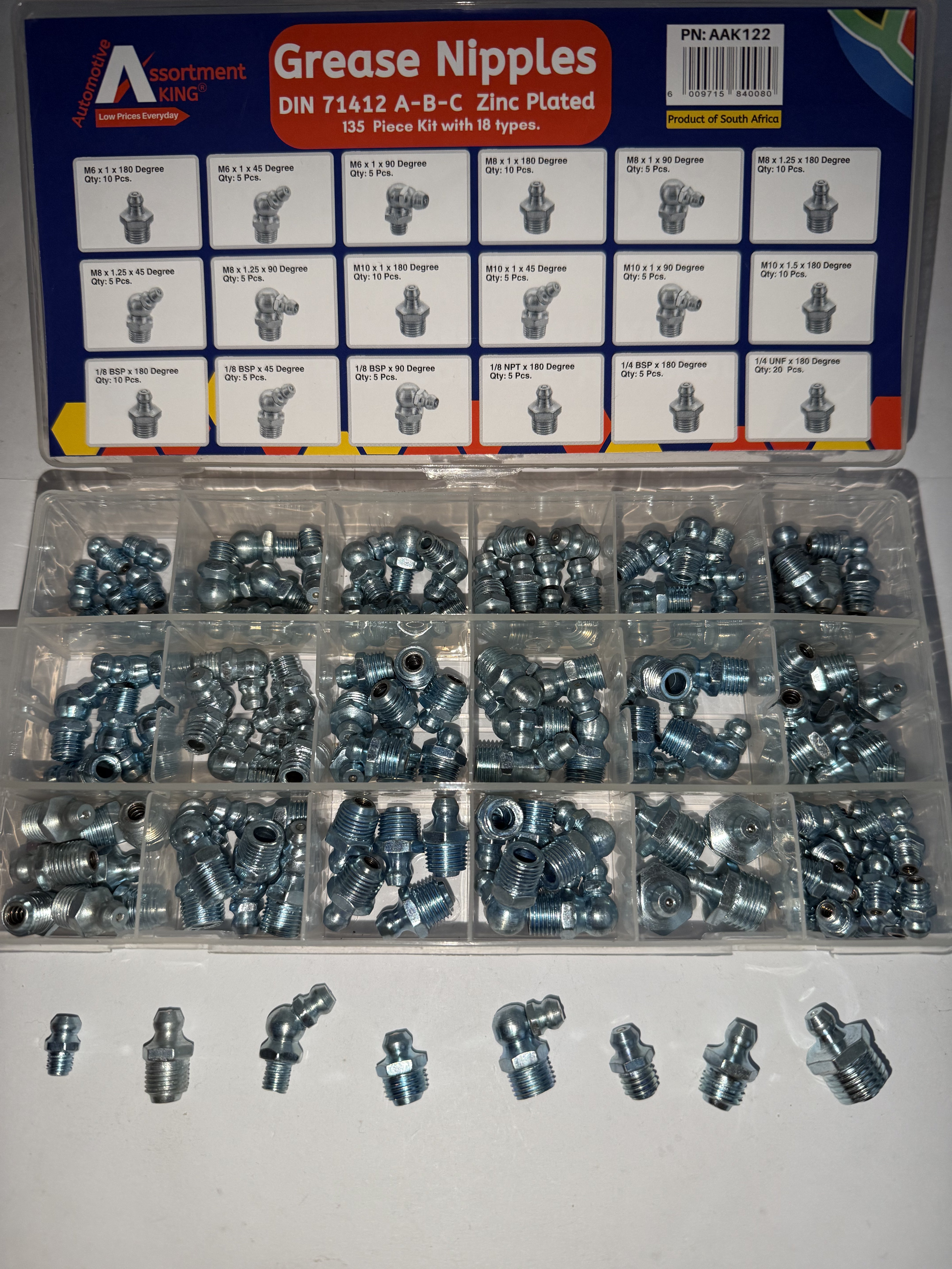 Grease Nipples - Din 71412 A-B-C Zinc Plated 135 Piece Kit, 18 Types 135 PCS | Large Box