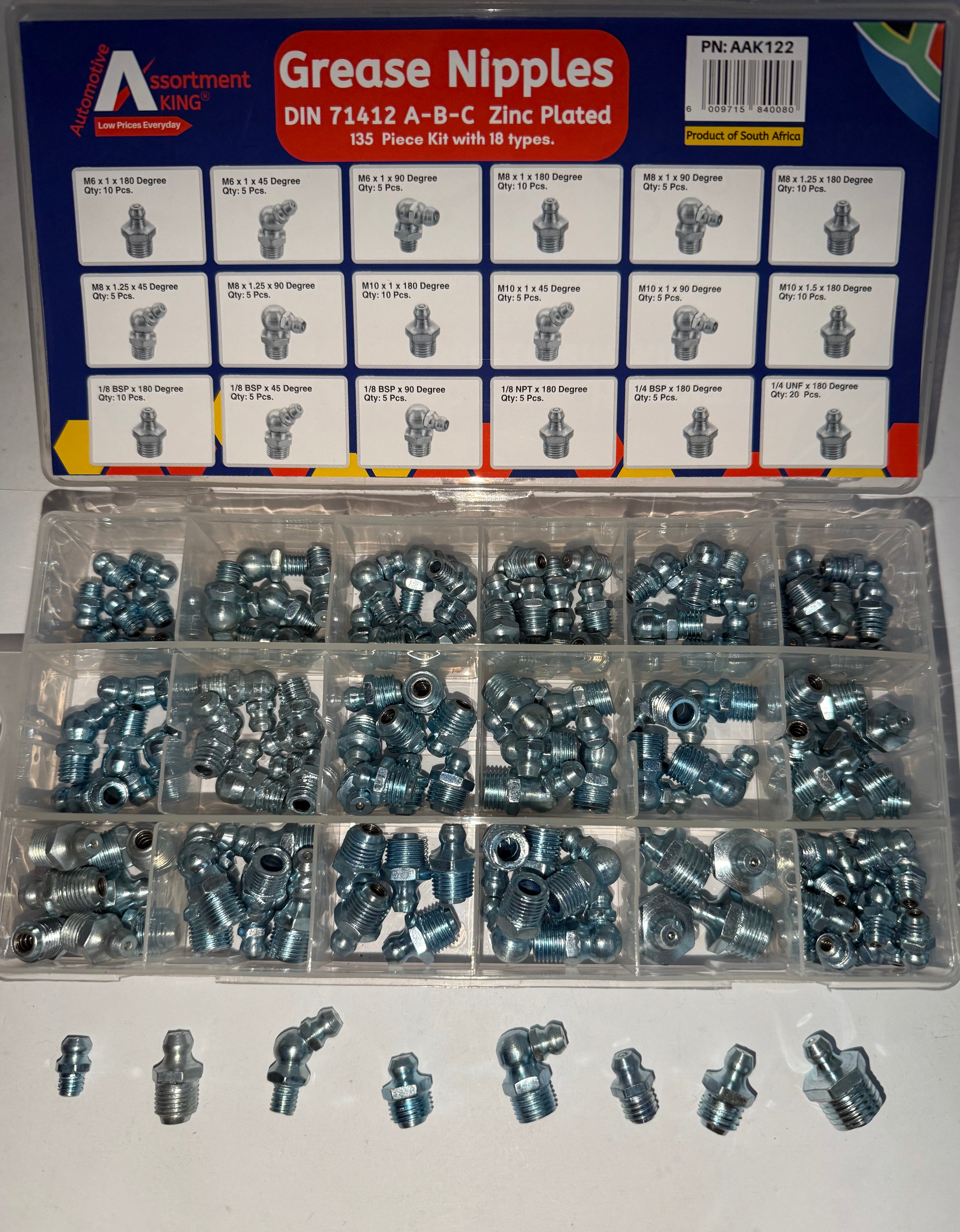Grease Nipples - Din 71412 A-B-C Zinc Plated 135 Piece Kit, 18 Types 135 PCS | Large Box