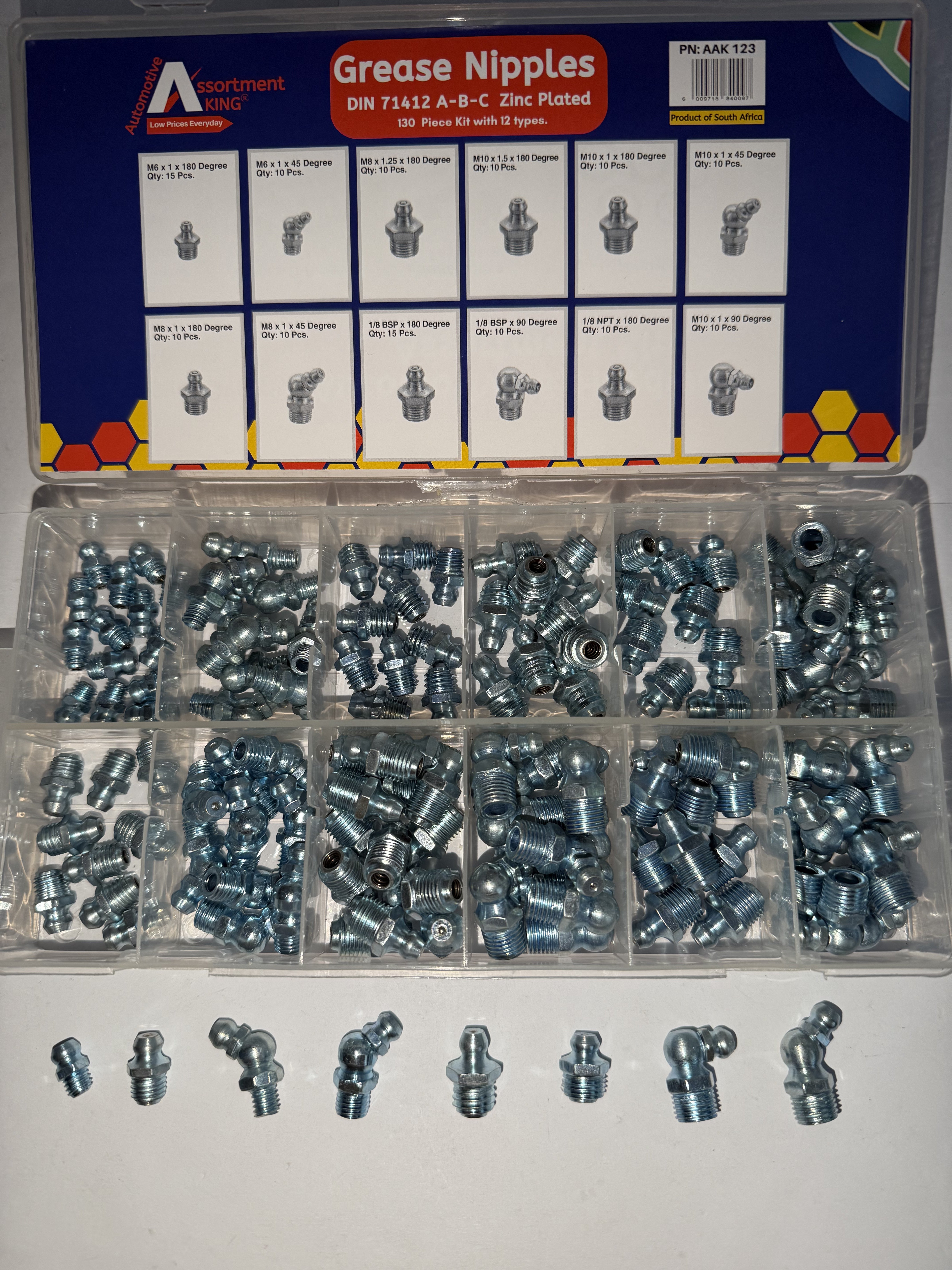 Grease Nipples - Din 71412 A-B-C Zinc Plated 130 Piece Kit, 12 Types