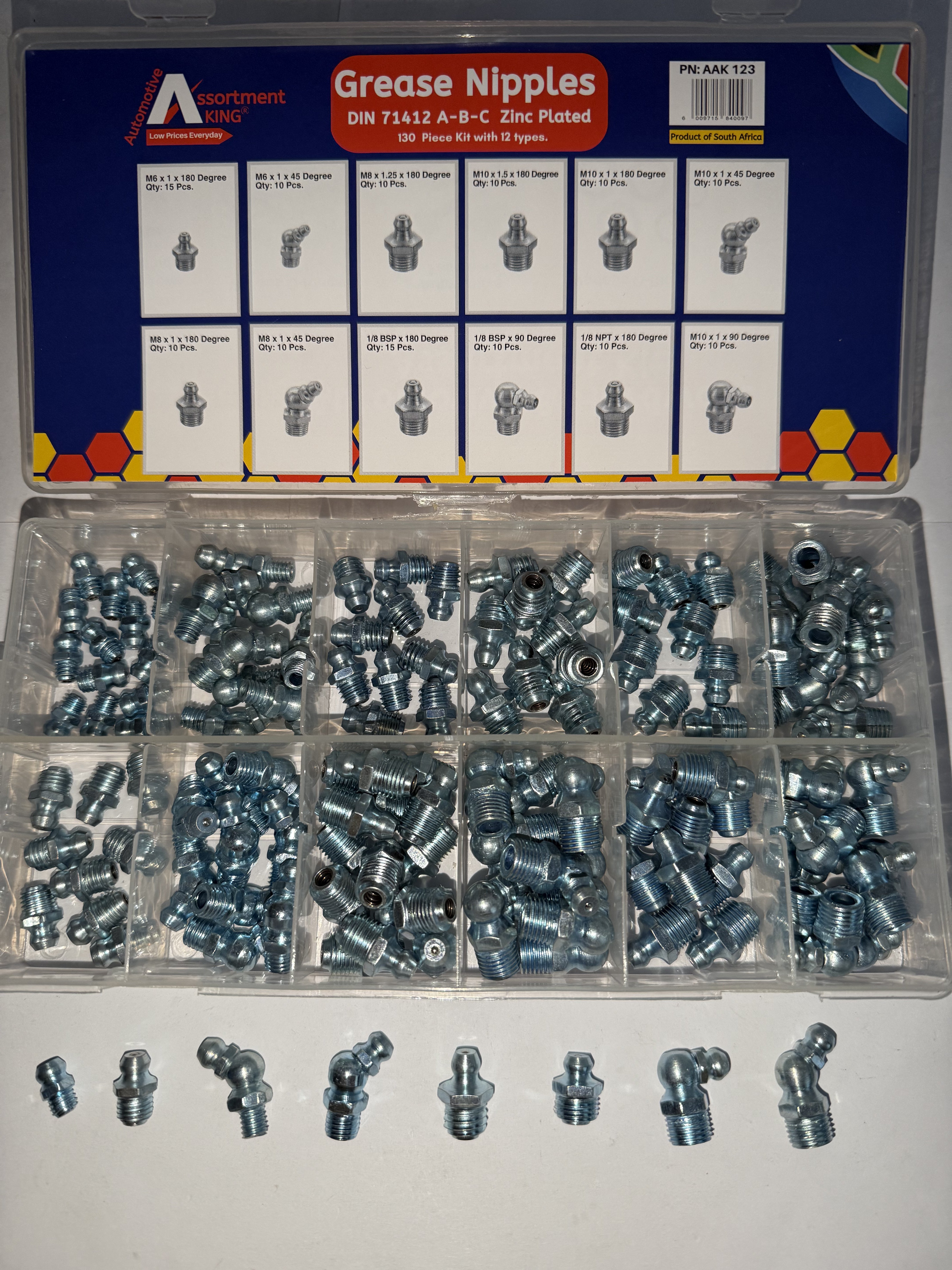 Grease Nipples - Din 71412 A-B-C Zinc Plated 130 Piece Kit, 12 Types