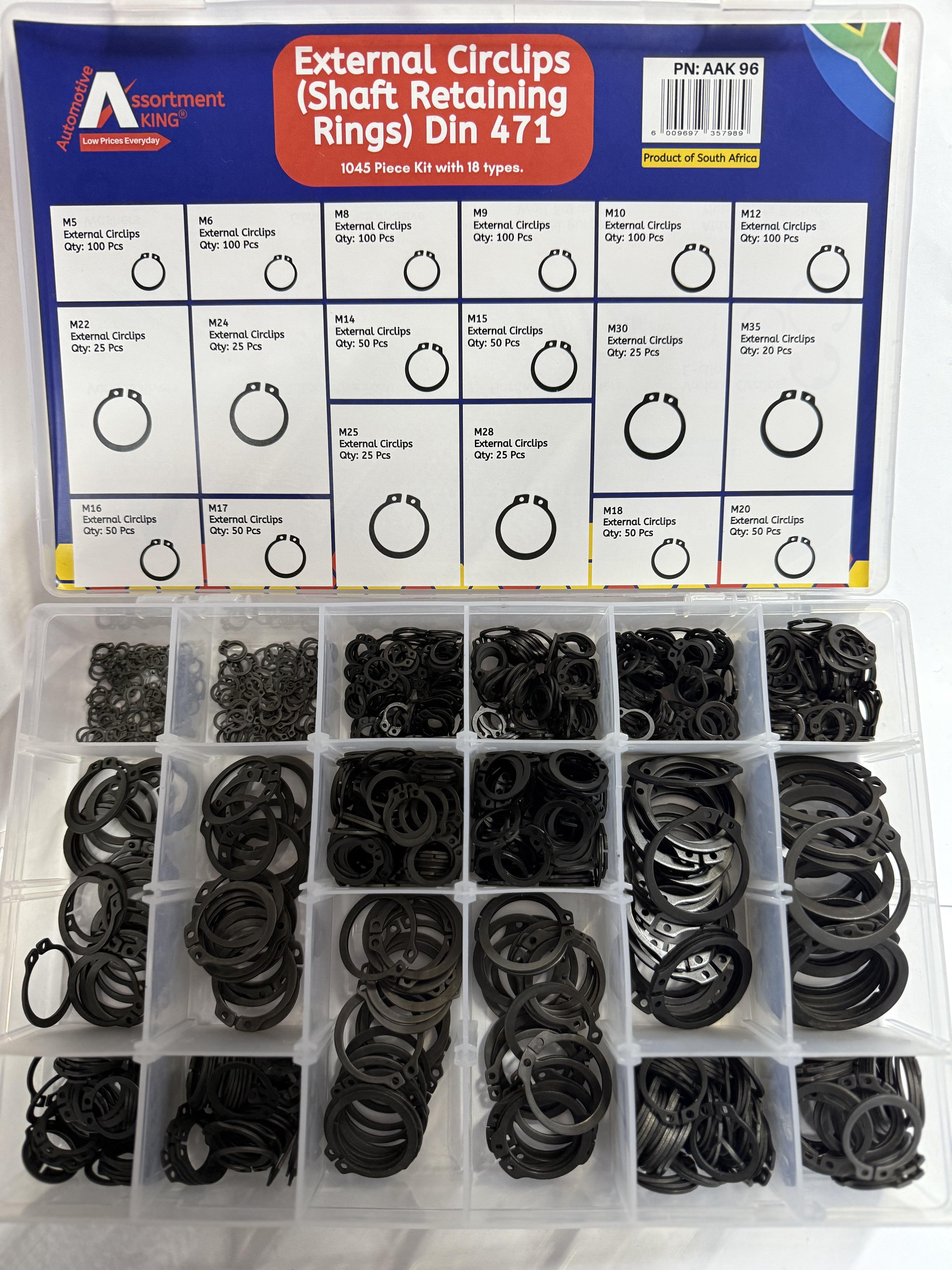 External Circlips (Shaft Retaining Rings) Din 471 – 1045 Piece Assortment Kit | Large Box