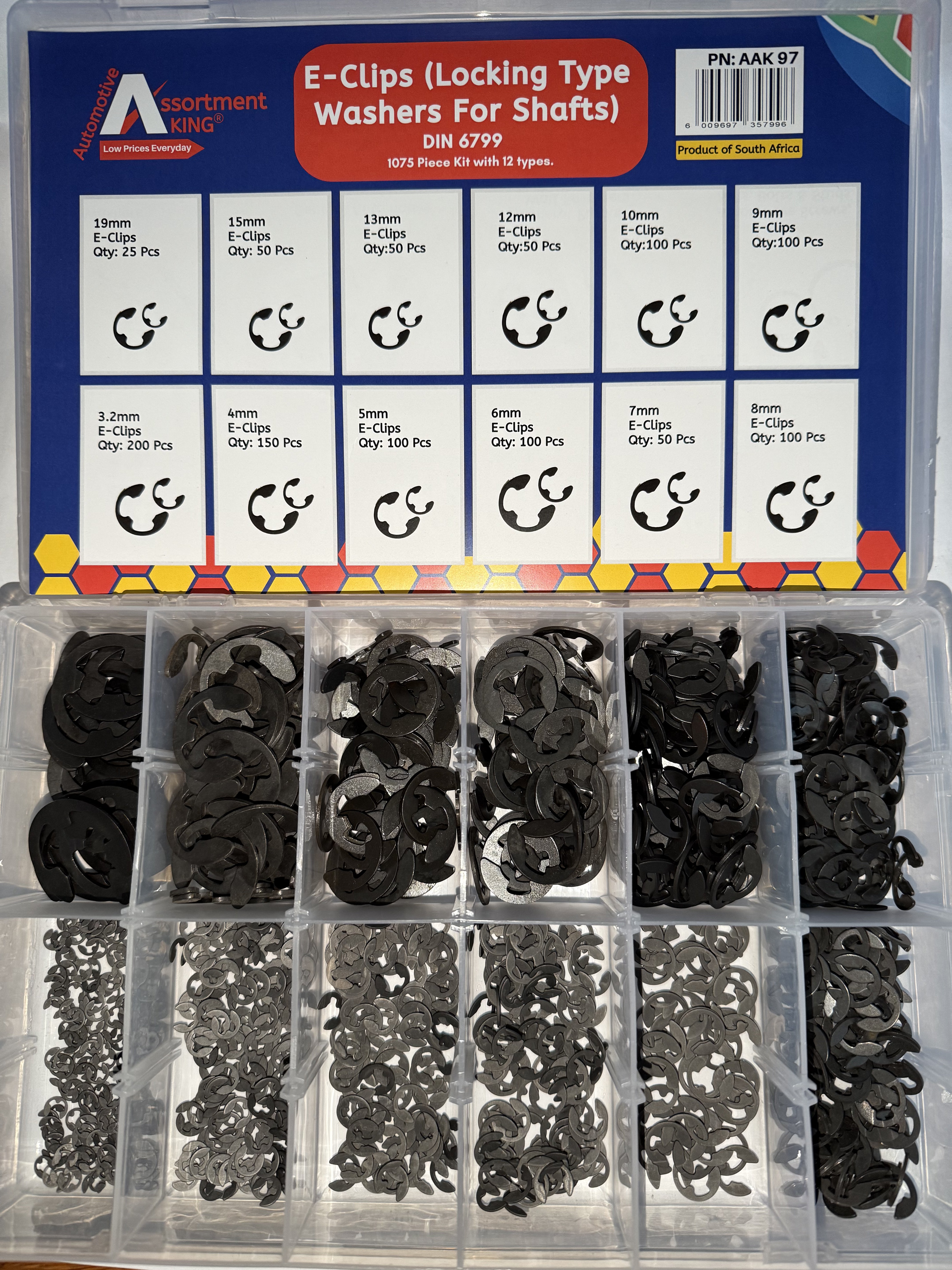 E-Clips (Locking Type Washers For Shafts) Din 6799 – 1,075 Piece Assortment Kit | Large Box