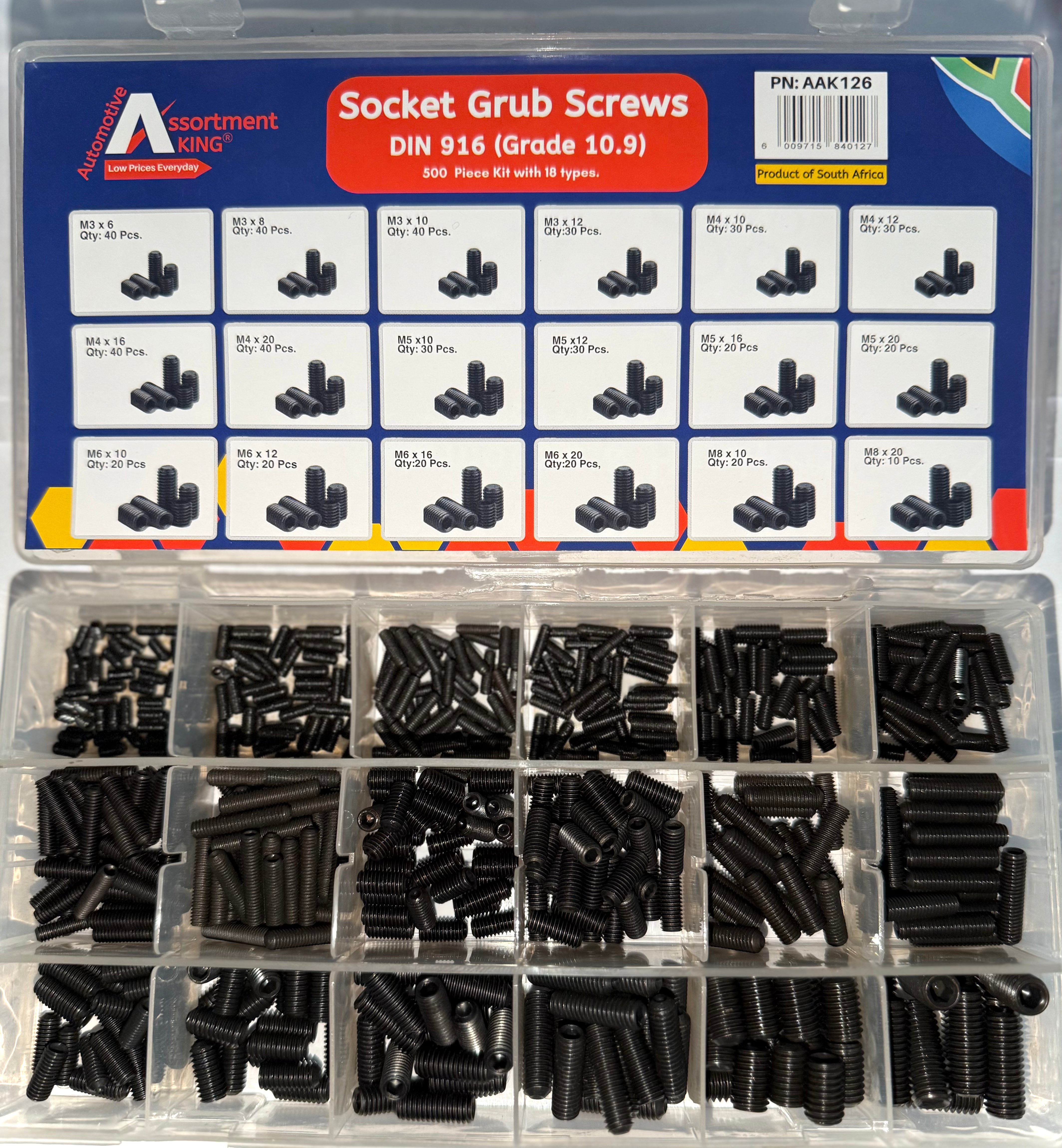 Socket Grub Screws - Din 916 (Grade 10.9) 500 Piece Kit, 18 Types