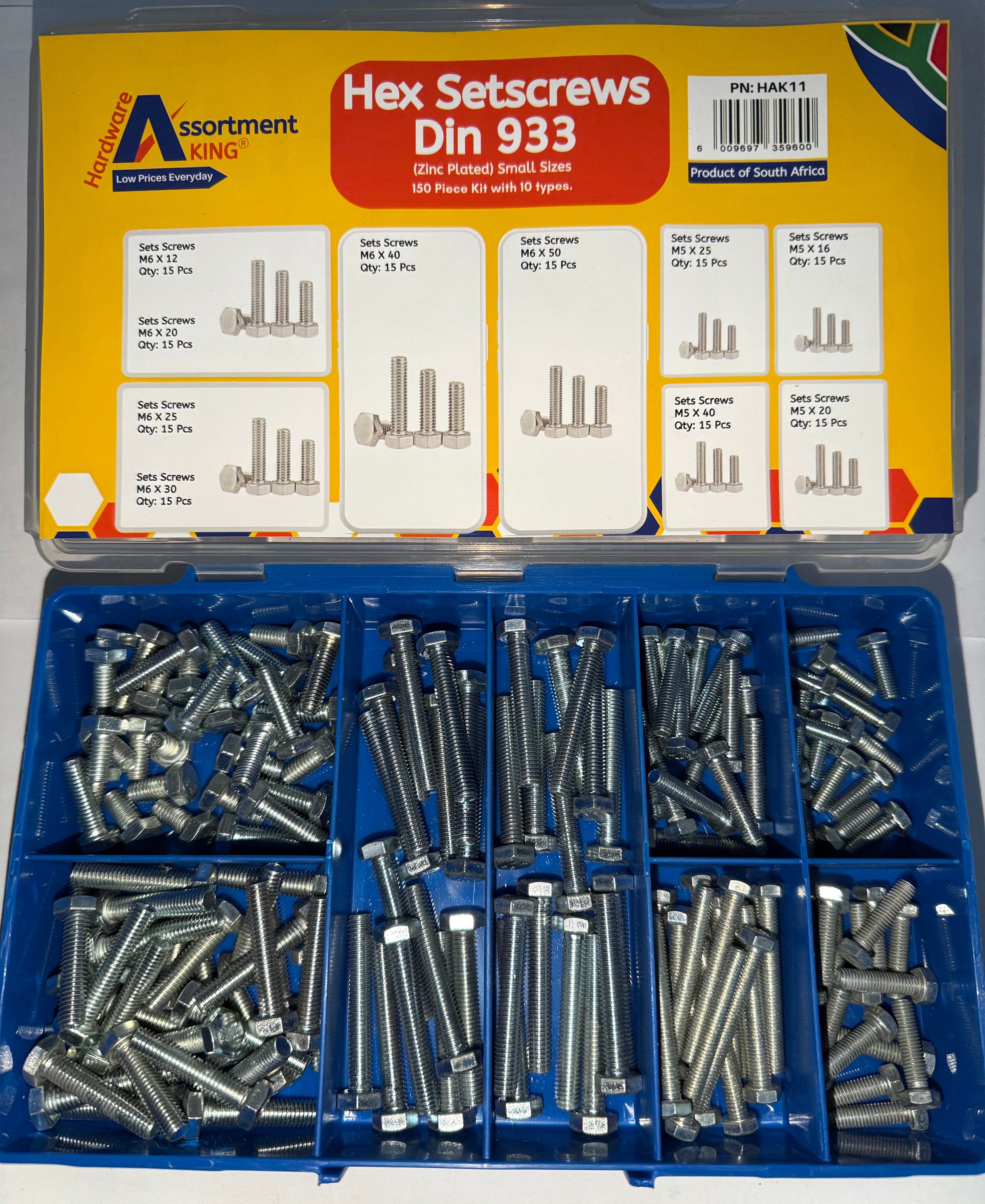 Hex Setscrews & Nuts Assortment Kit – 150 PCE | DIN 933 | Zinc Plated