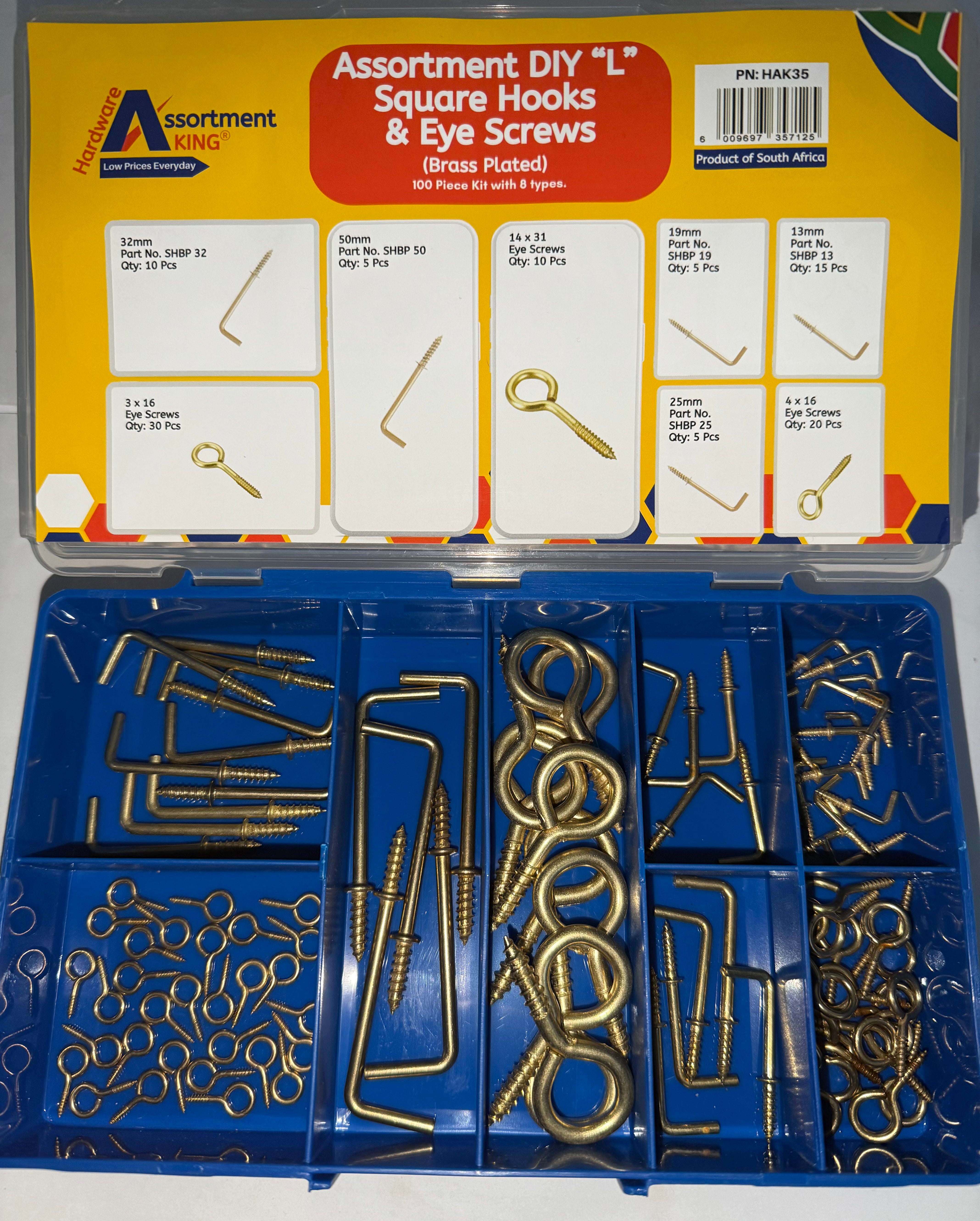 Assortment DIY "L" Square Hook & Eye Screws (Brass Plated) - 100 Piece
