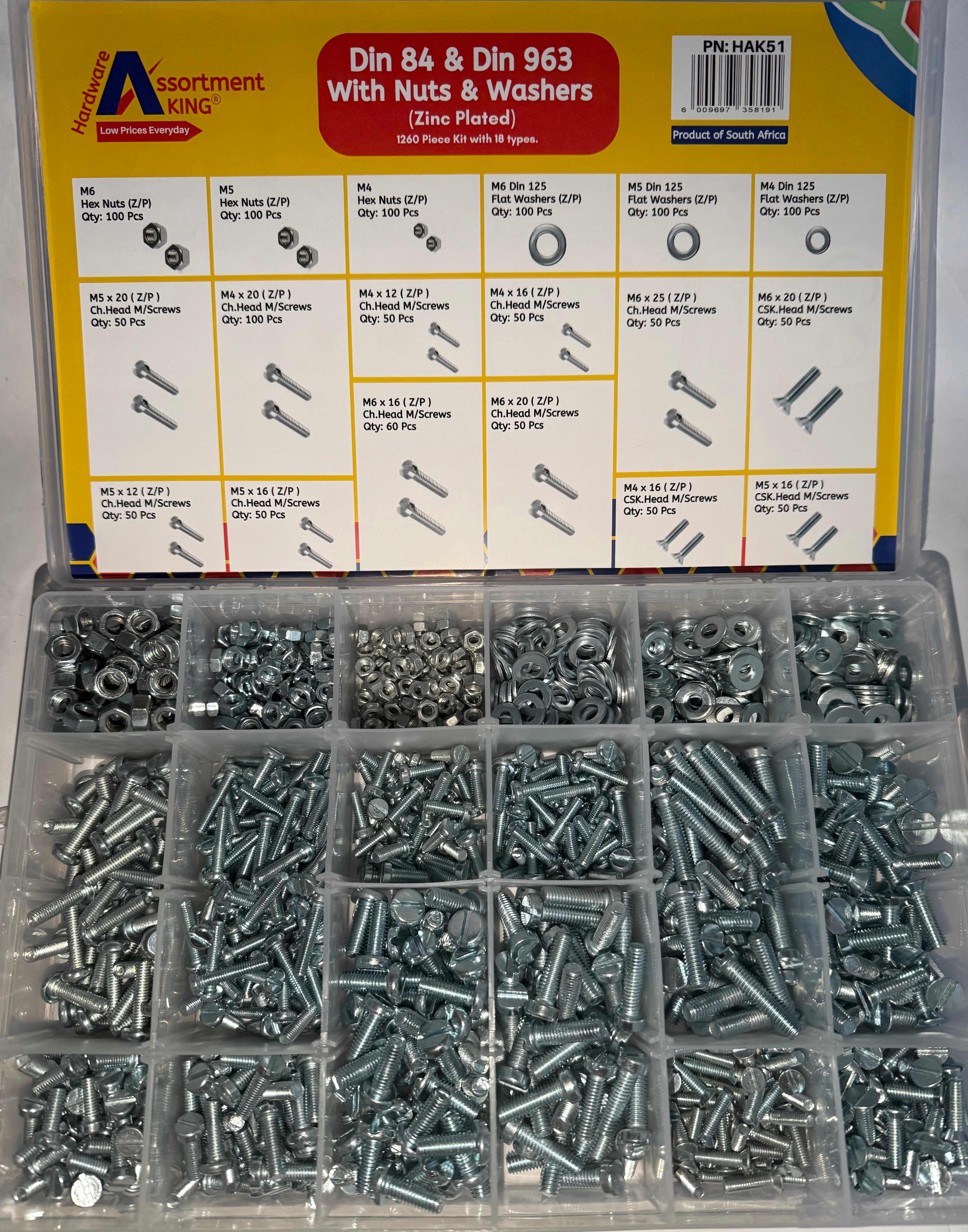 Din 84 & Din 963 With Nuts & Flat Washers - (Zinc Plated) - 1,260 PCE | Large Box