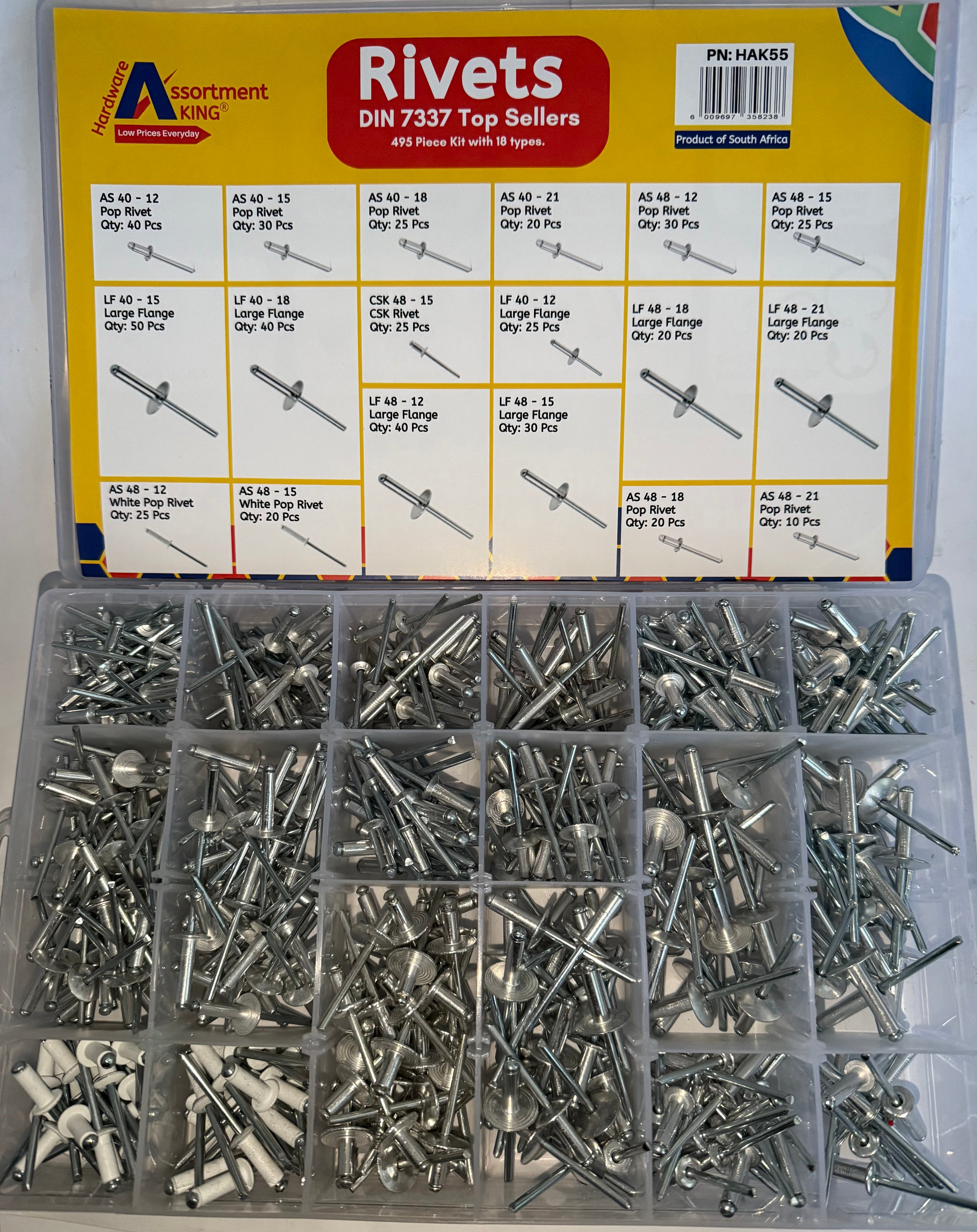 Rivets Assortment Kit - Din 7337 Top Seller-Zinc Plated 18 Types, 495 Pieces | Large Box