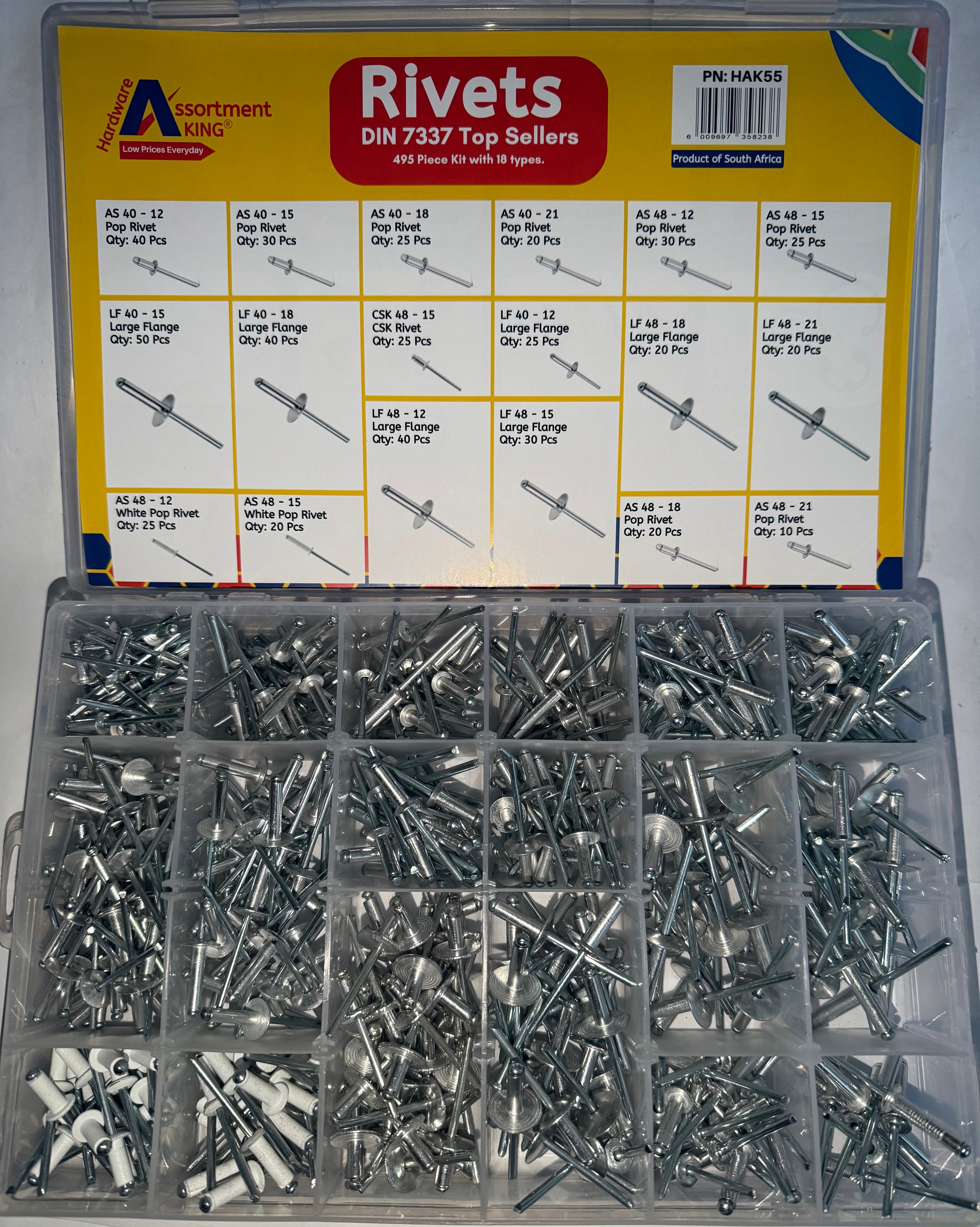 Rivets Assortment Kit - Din 7337 Top Seller-Zinc Plated 18 Types, 495 Pieces | Large Box