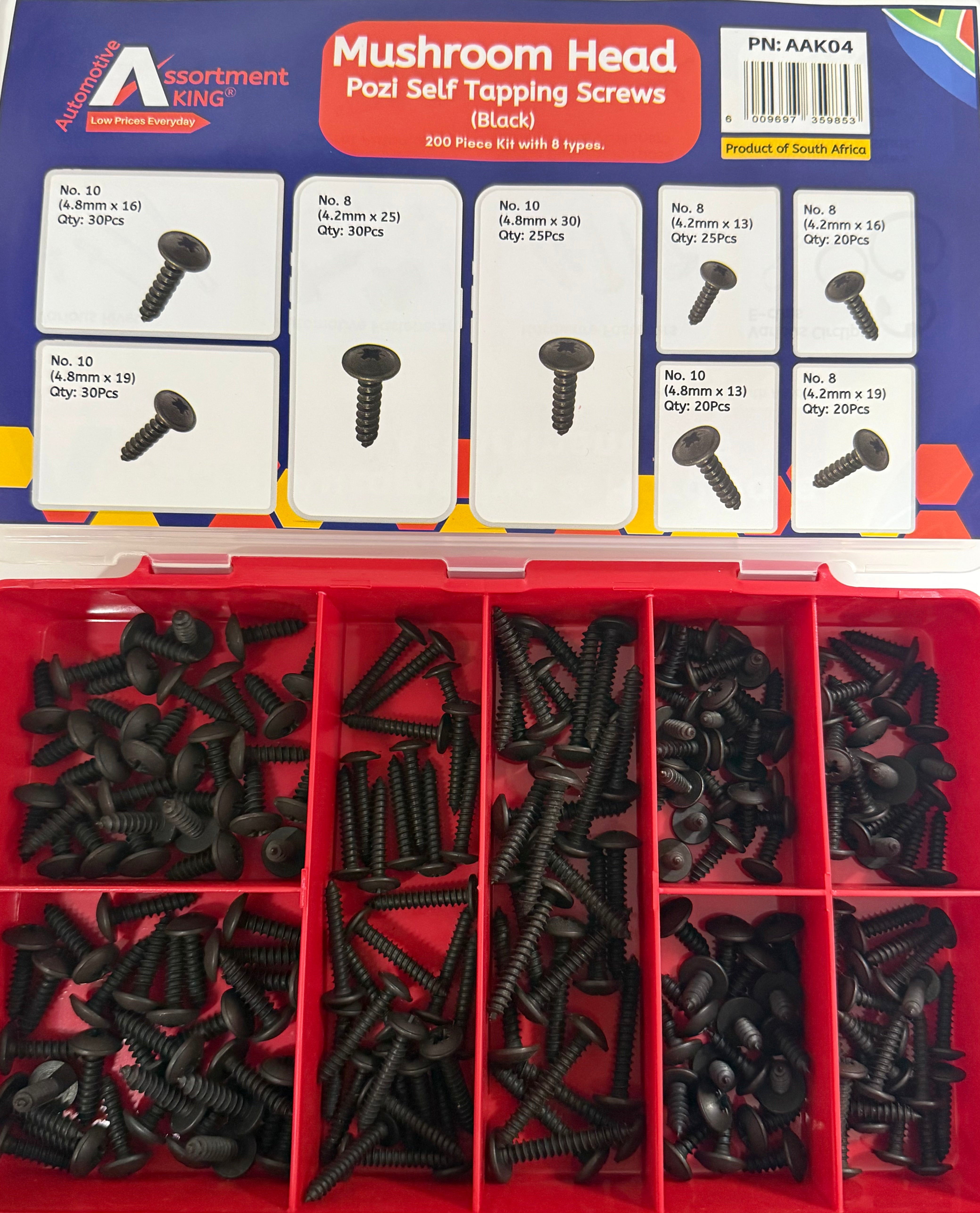 Mushroom Head Pozi Self-Tapping Screws (Black) – 200 Piece Kit