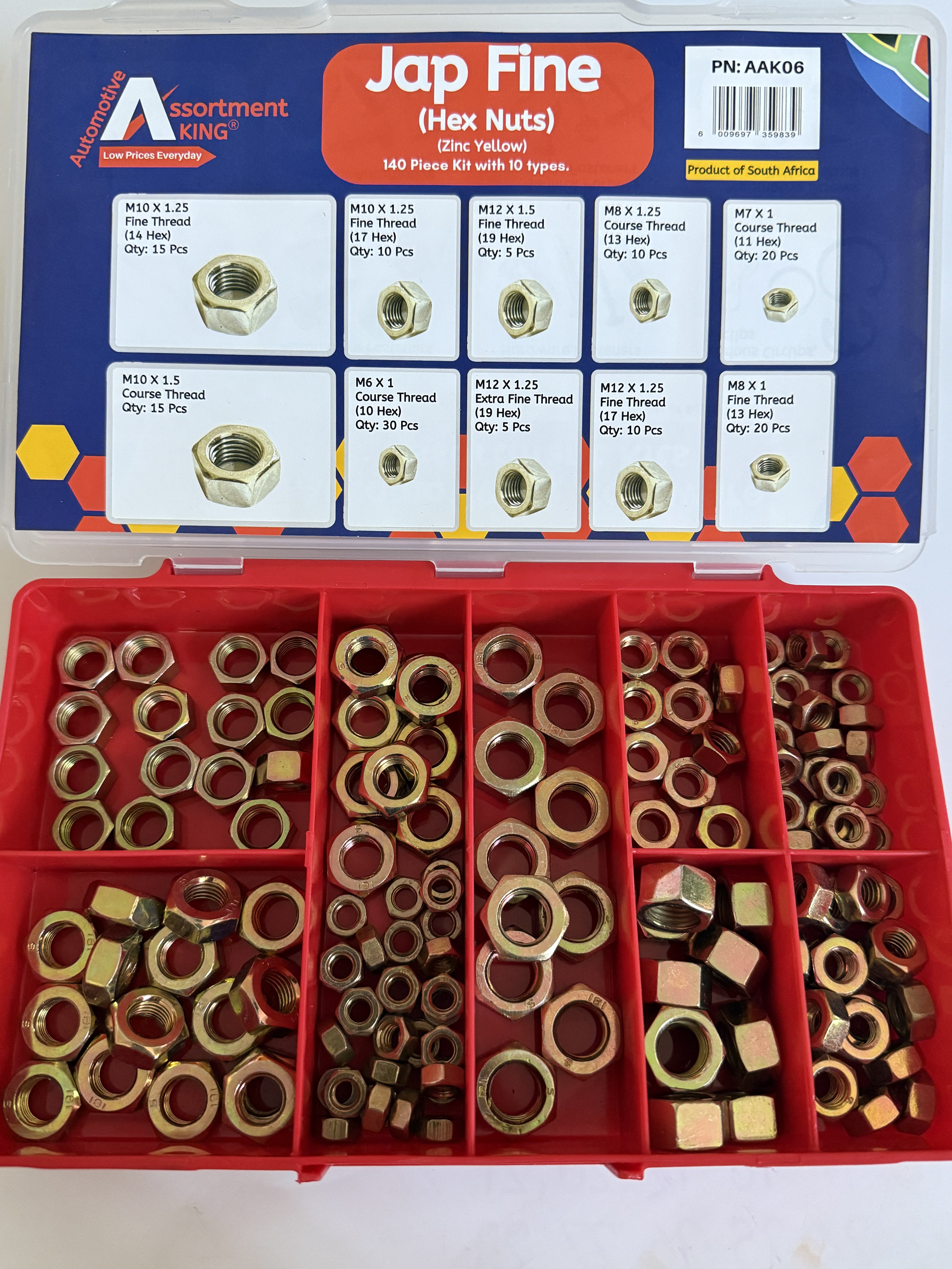 Jap Fine Hex Nuts – Zinc Yellow (140 Piece Kit)