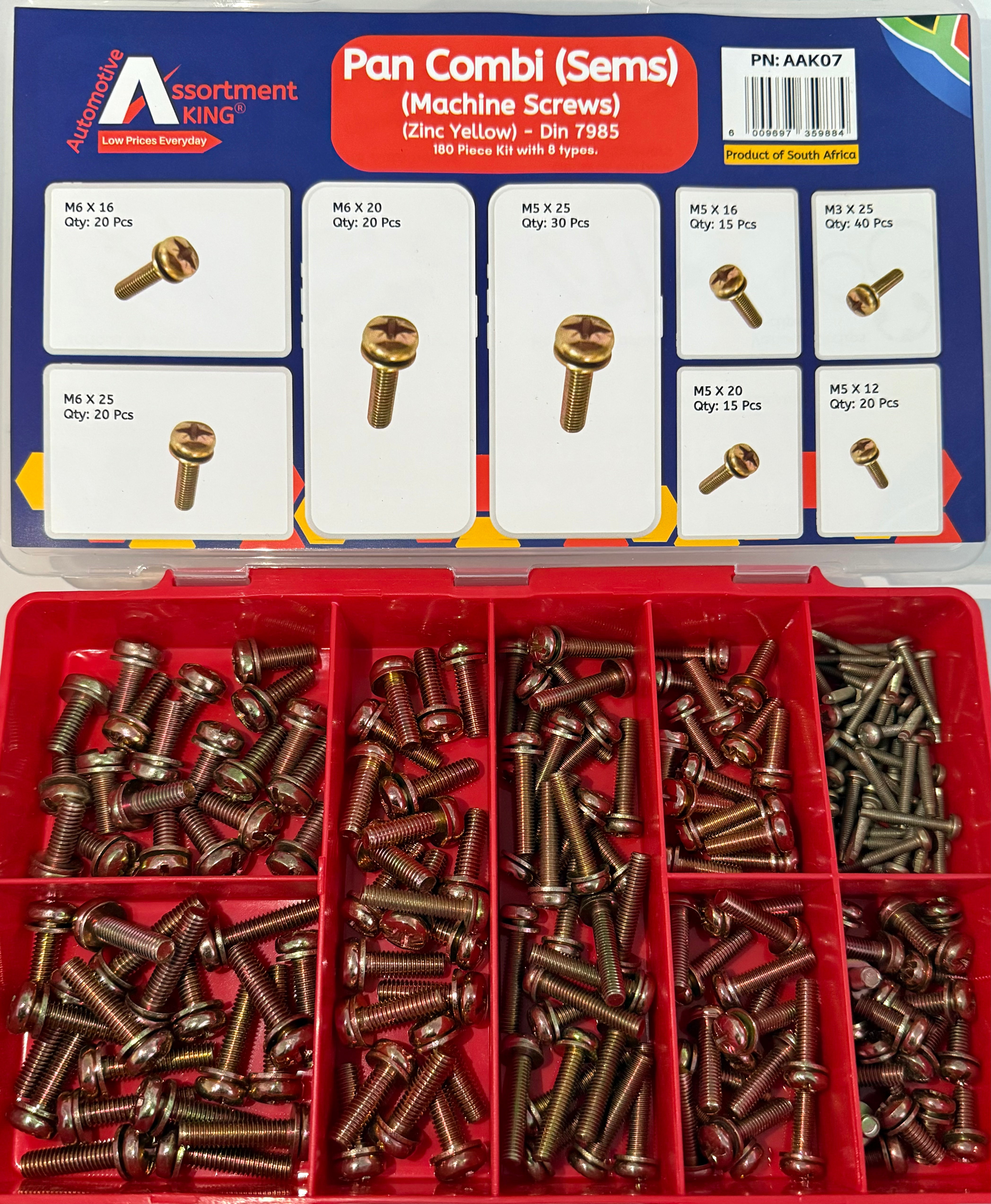 Pan Combi Sems Machine Screws – Zinc Yellow (180 Piece Kit, DIN 7935)
