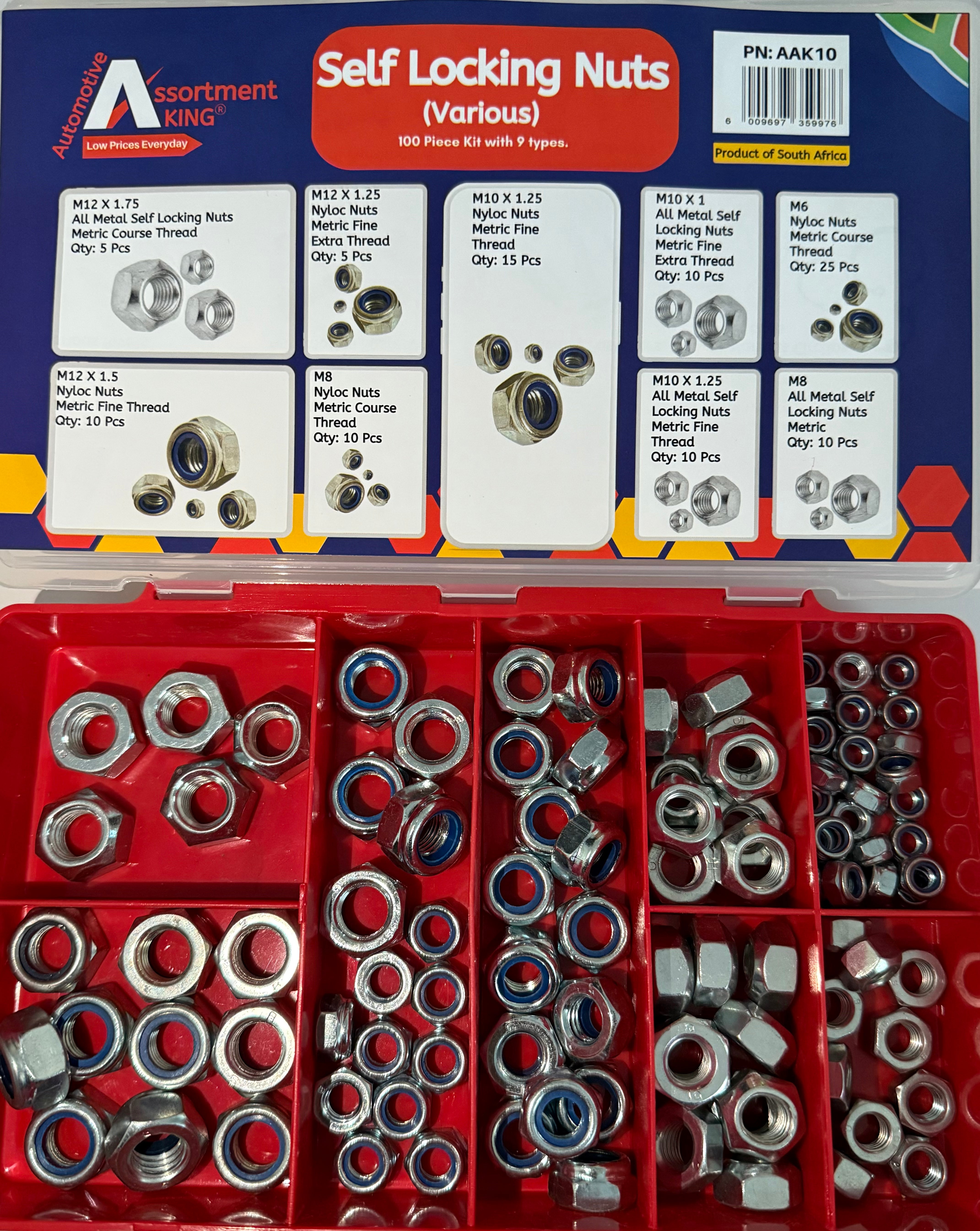 Self-Locking Nuts Assortment – Nyloc & Top Lock (100 Piece Kit)