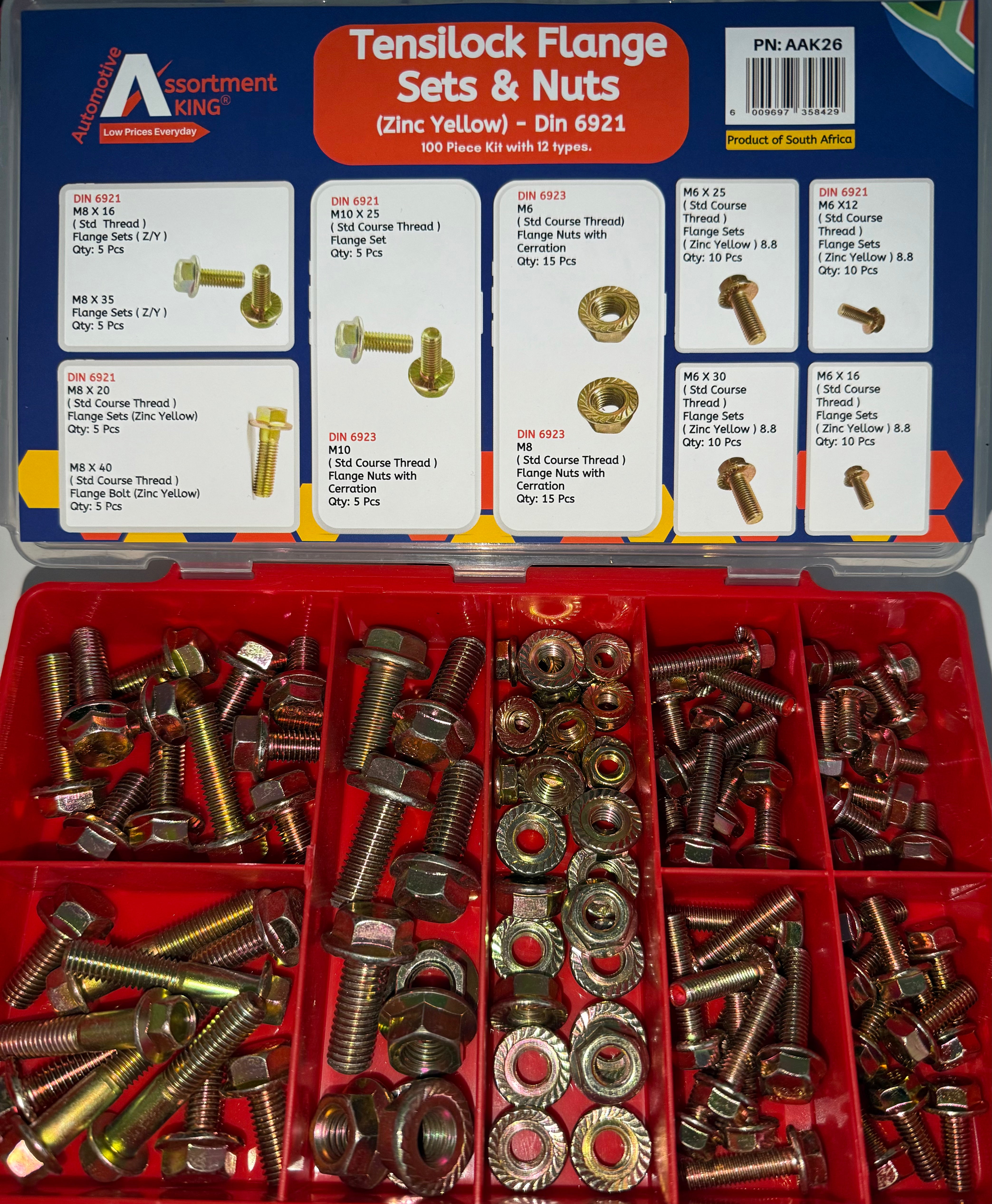 Tensilock Flange Bolts & Serrated Nuts Assortment Kit – DIN 6921 & DIN 6923 – 100 Piece