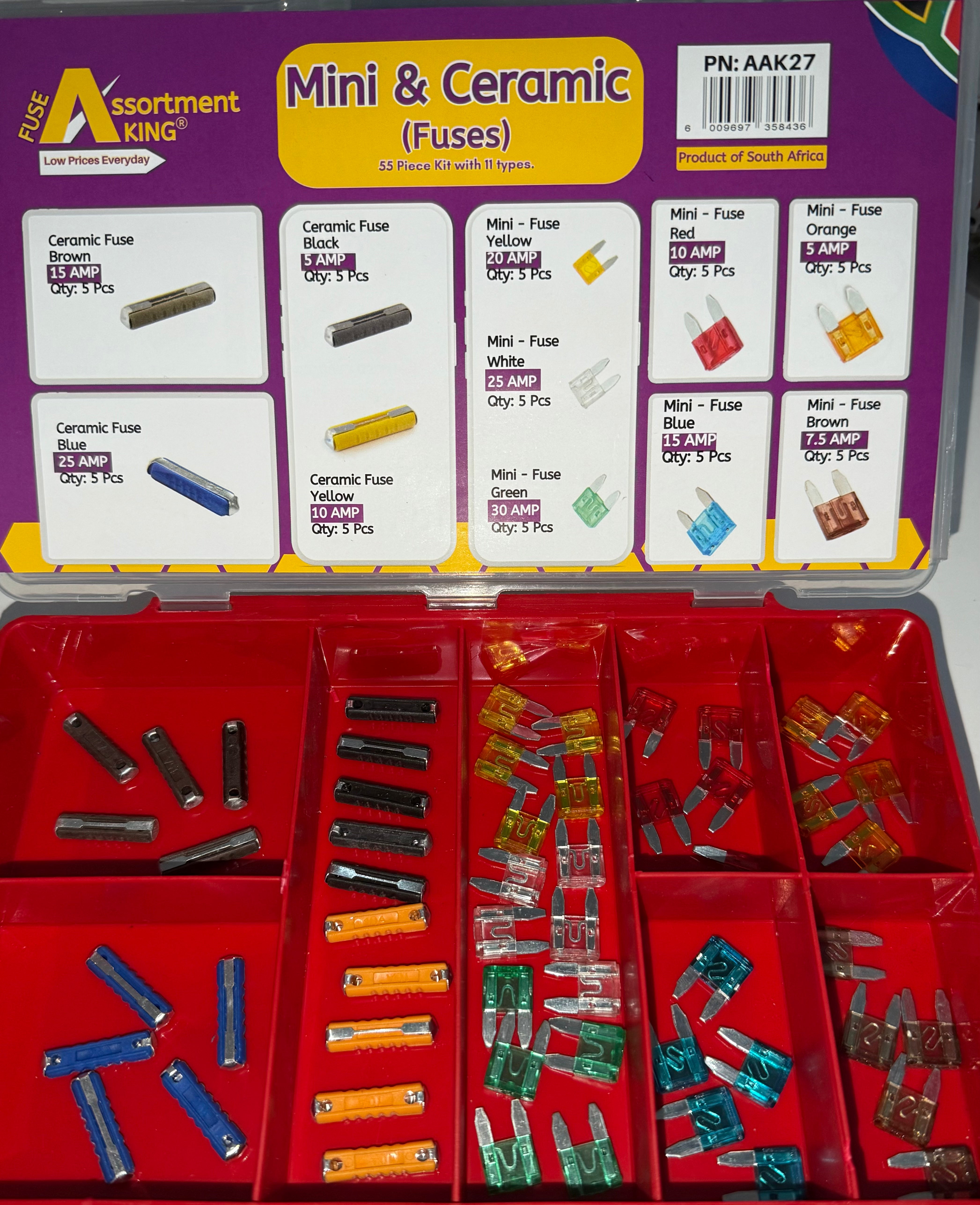 Mini Blade & Ceramic Fuses Assortment Kit – 55 Piece Automotive Fuse Set