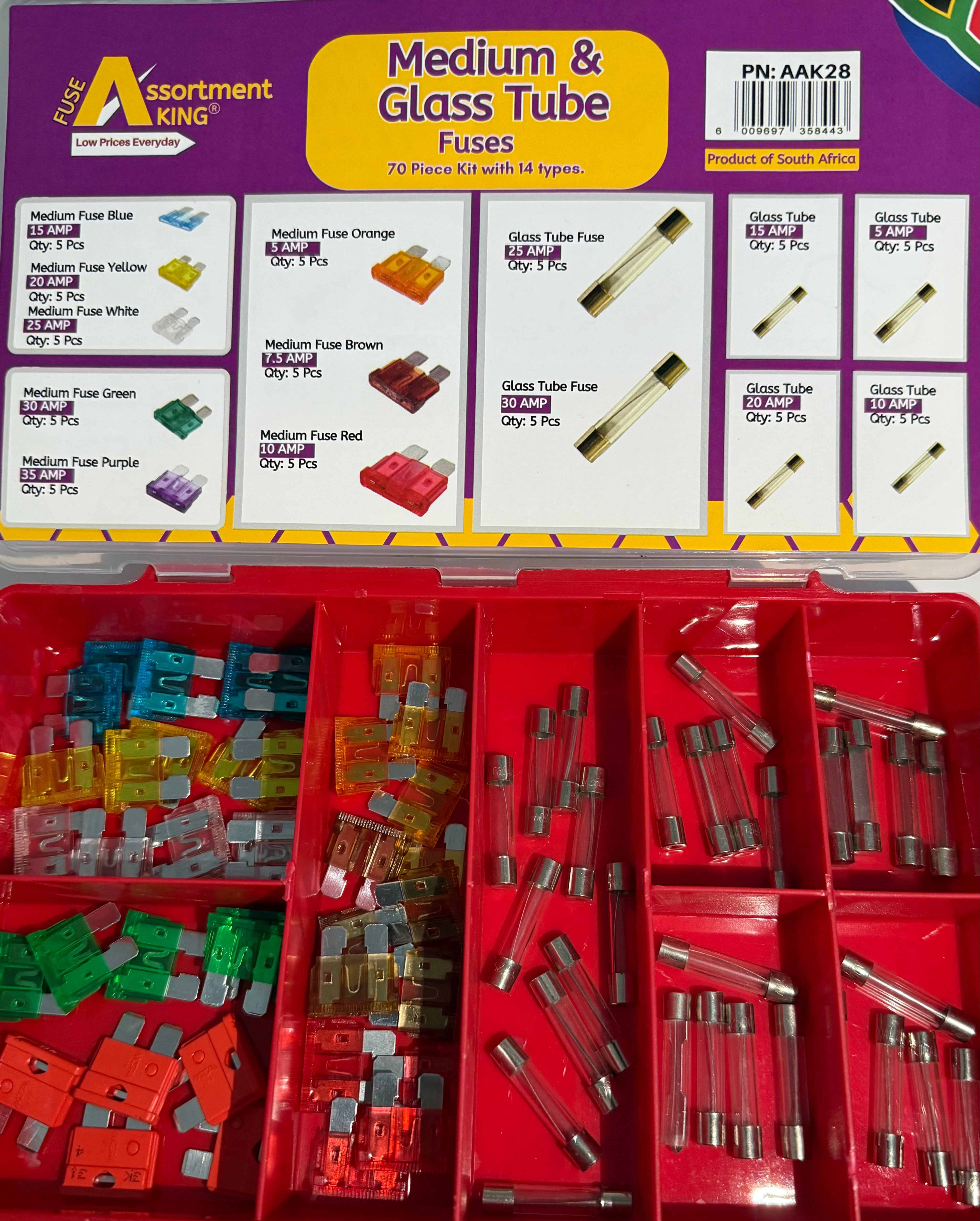 Medium & Glass Tube Fuses Assortment Kit – 70 Piece Automotive Fuse Set