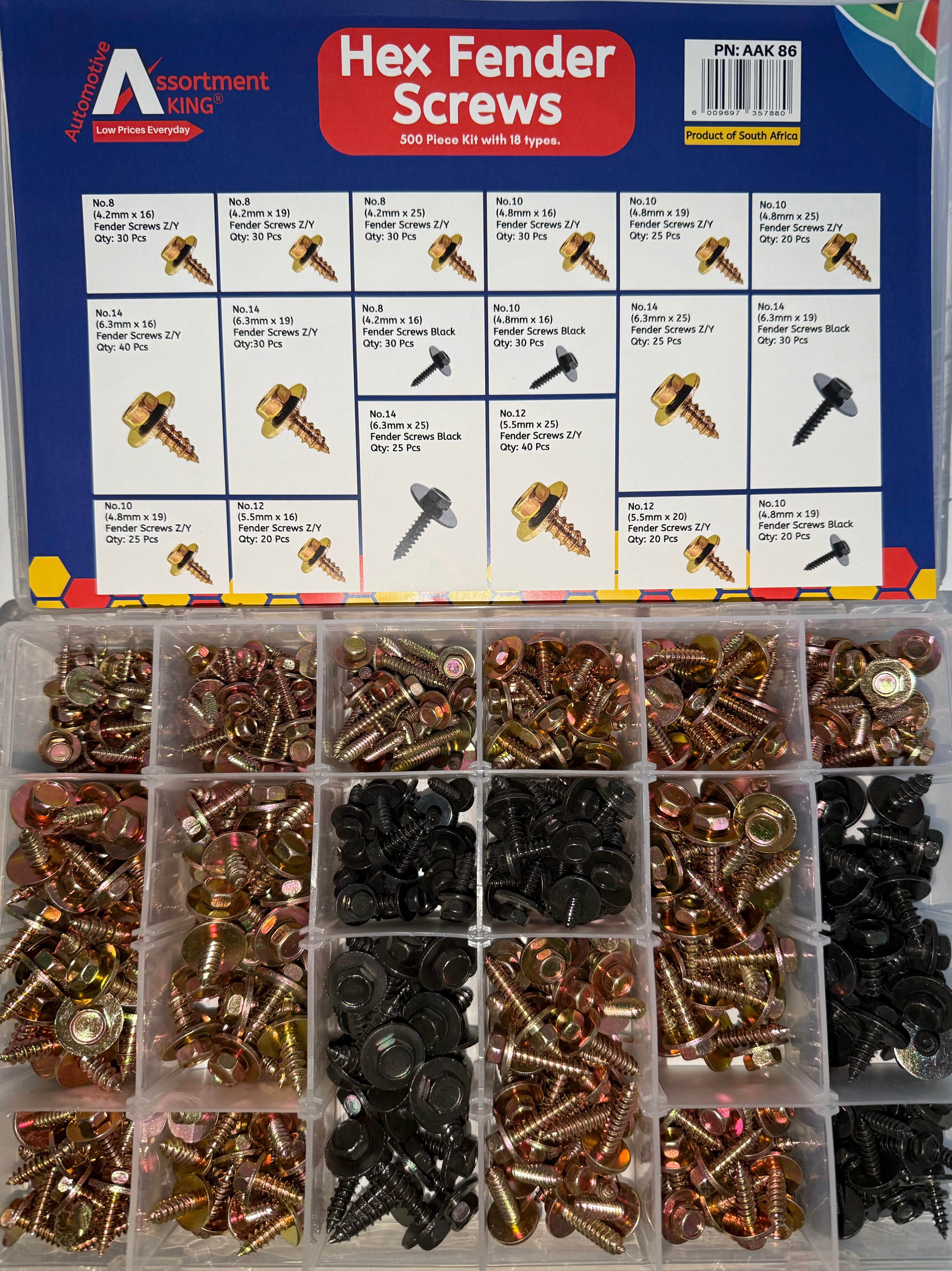 Hex Fender Screws Assortment Kit (Zinc Yellow & Black Phosphate) – 500 Pieces | Large Box