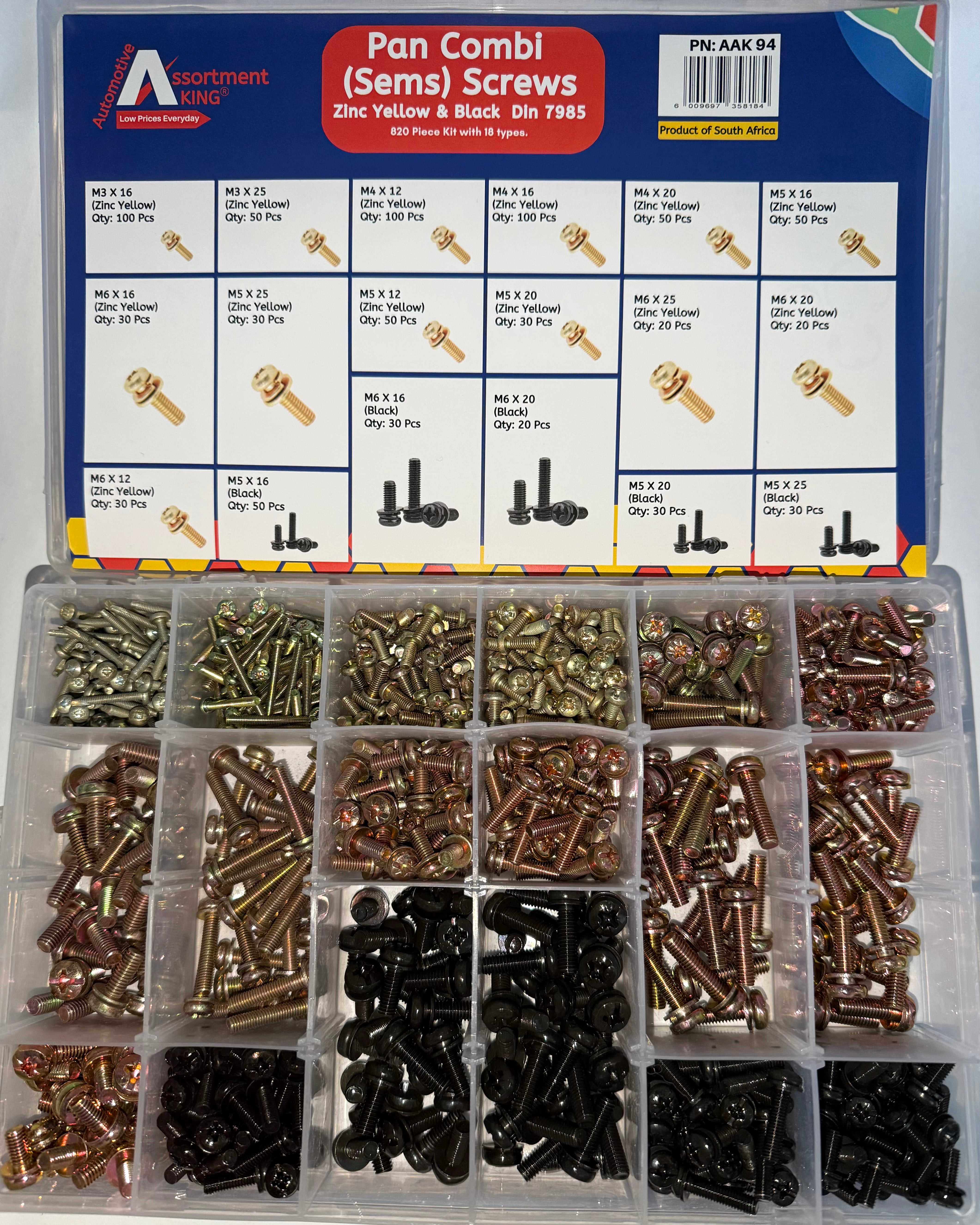 Pan Combi (Sems) Screws-Zinc Yellow & Black Din 7985 – 820 Piece Assortment Kit | Large Box