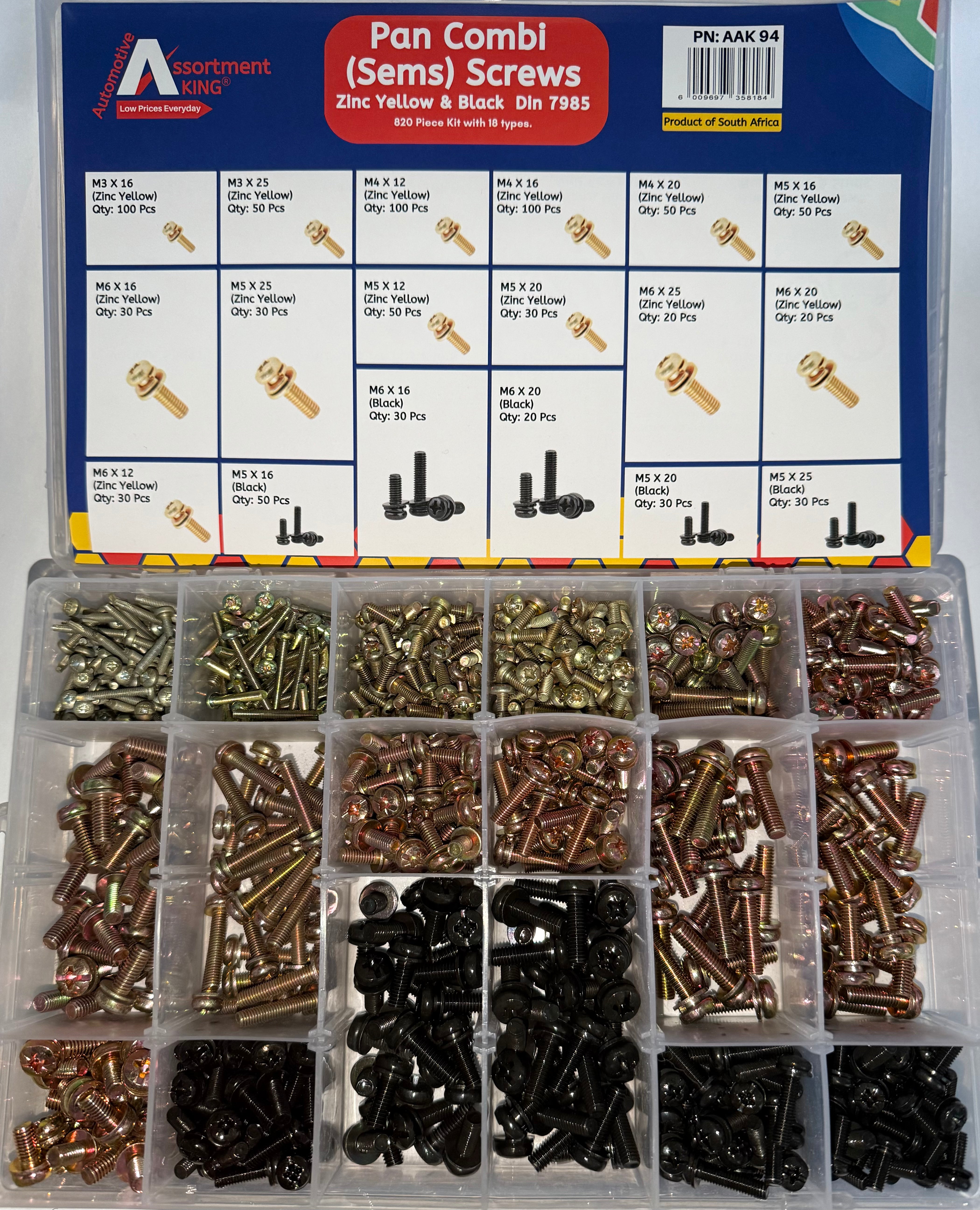 Pan Combi (Sems) Screws-Zinc Yellow & Black Din 7985 – 820 Piece Assortment Kit | Large Box