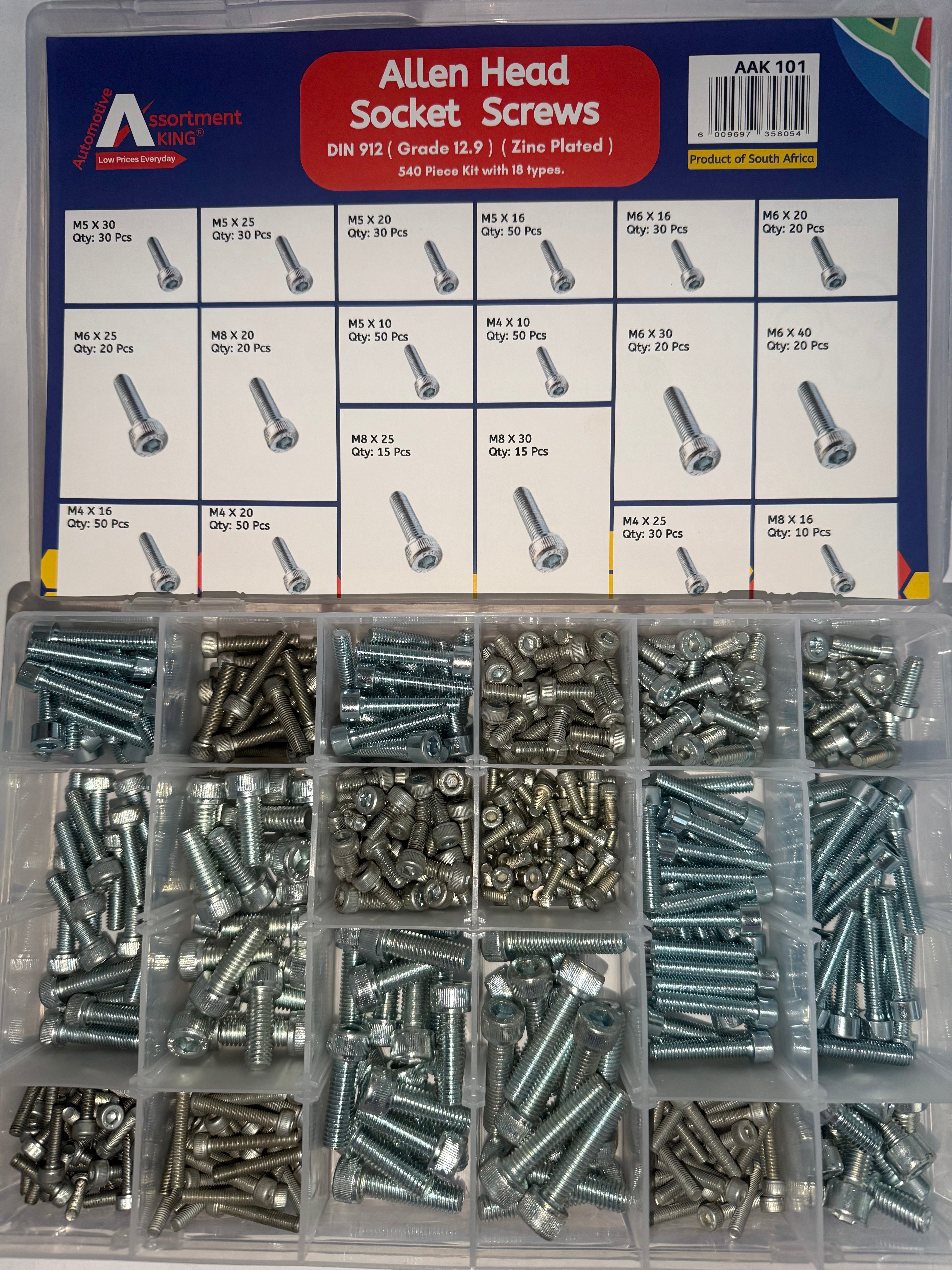 Allen Head Socket Screws - Din 912 (Grade 12.9) (Zinc Plated) | 540 PCS Large Box