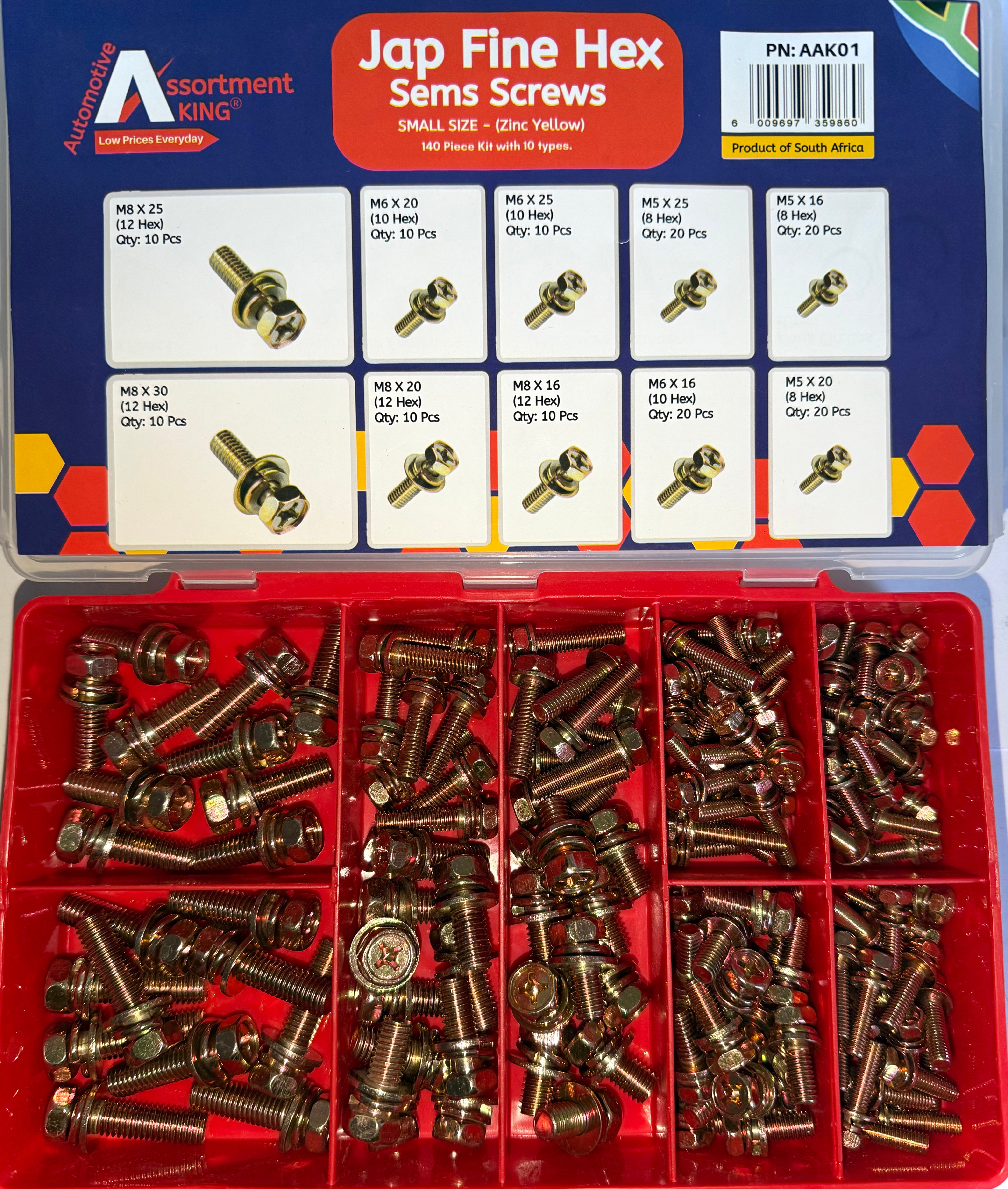 Jap Fine Hex Sems Screws Yellow Zinc - Small Size