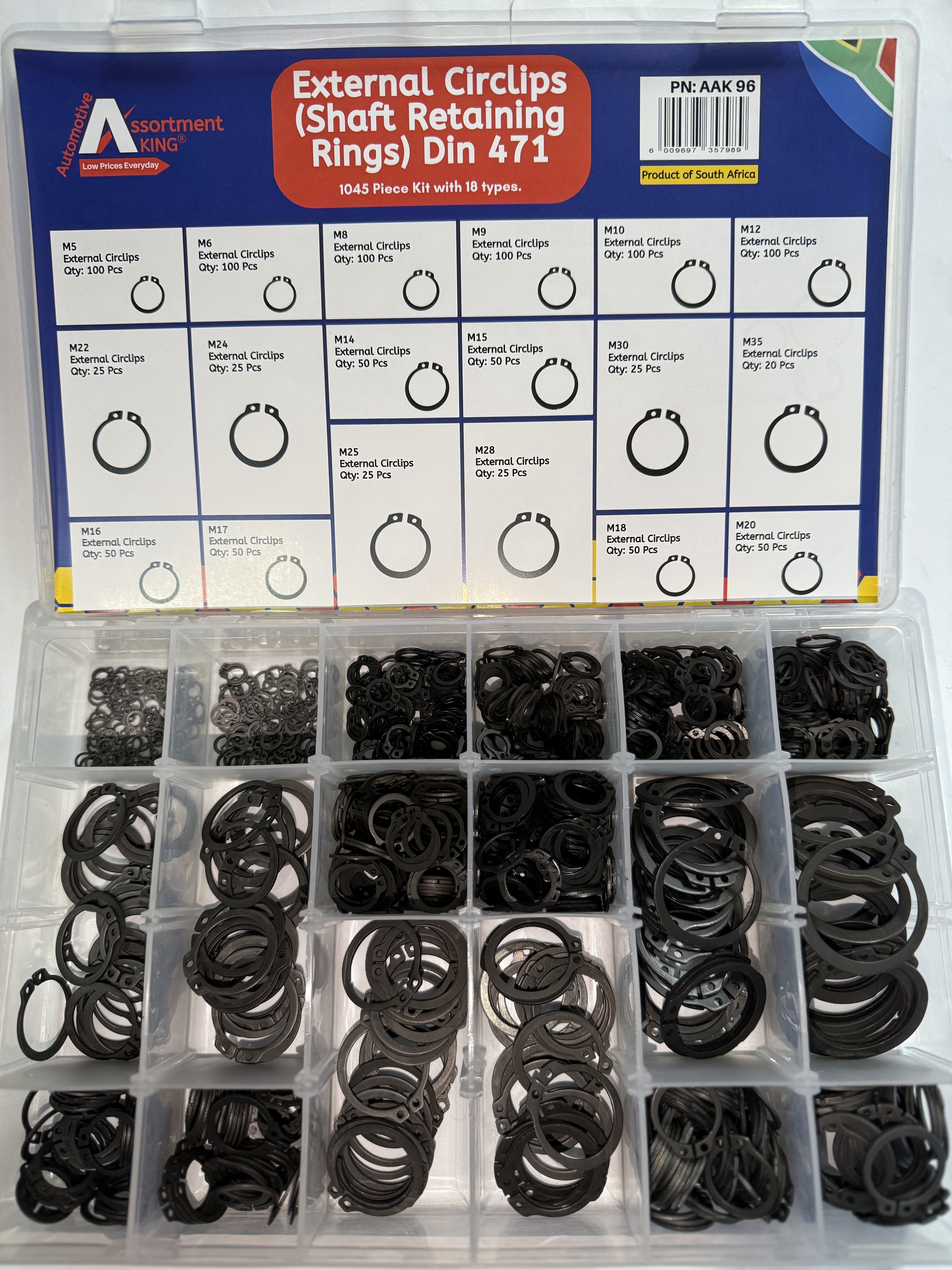 External Circlips (Shaft Retaining Rings) Din 471 – 1045 Piece Assortment Kit | Large Box