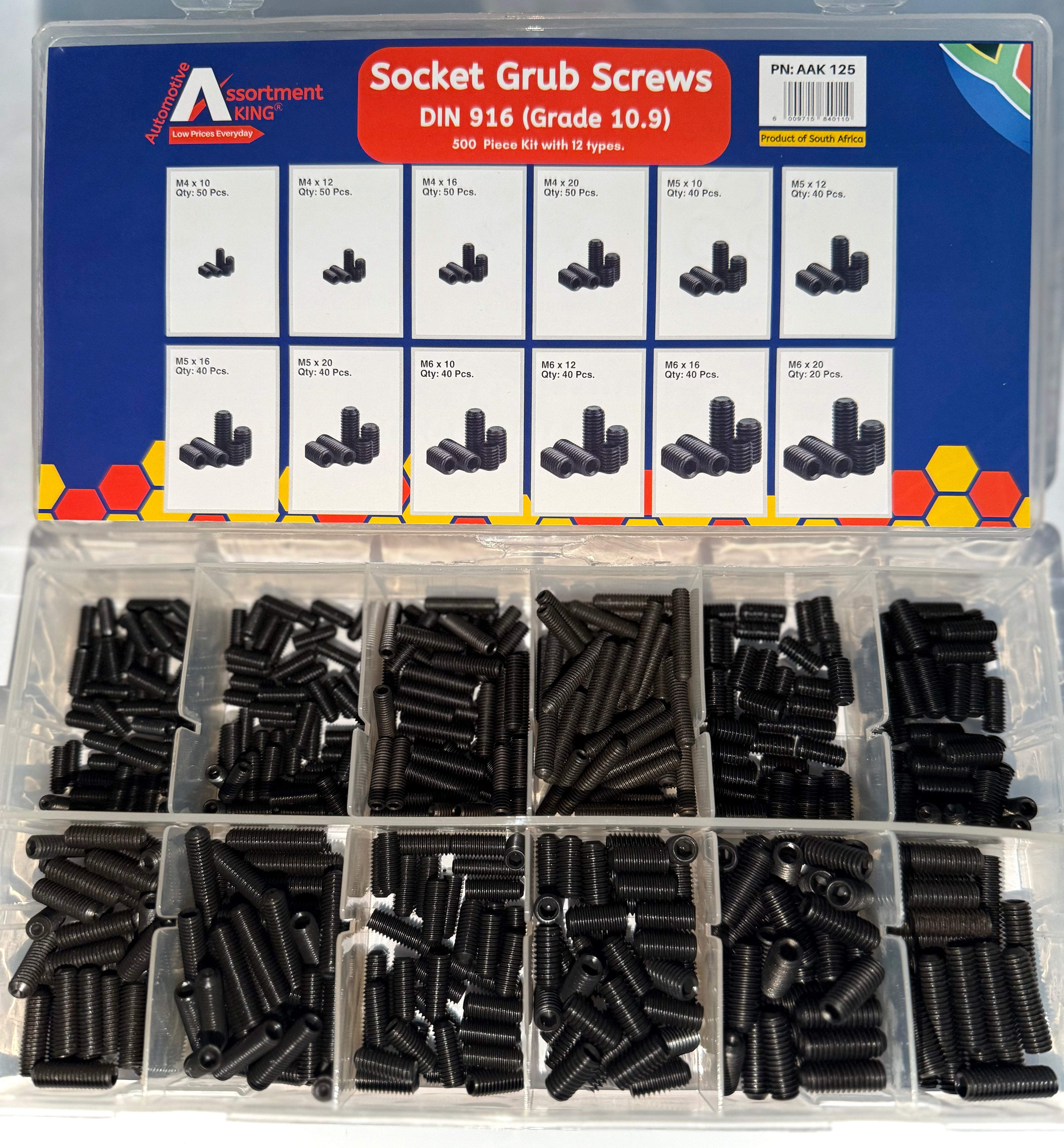 Socket Grub Screws - Din 916 (Grade 10.9) 500 Piece Kit, 12 Types