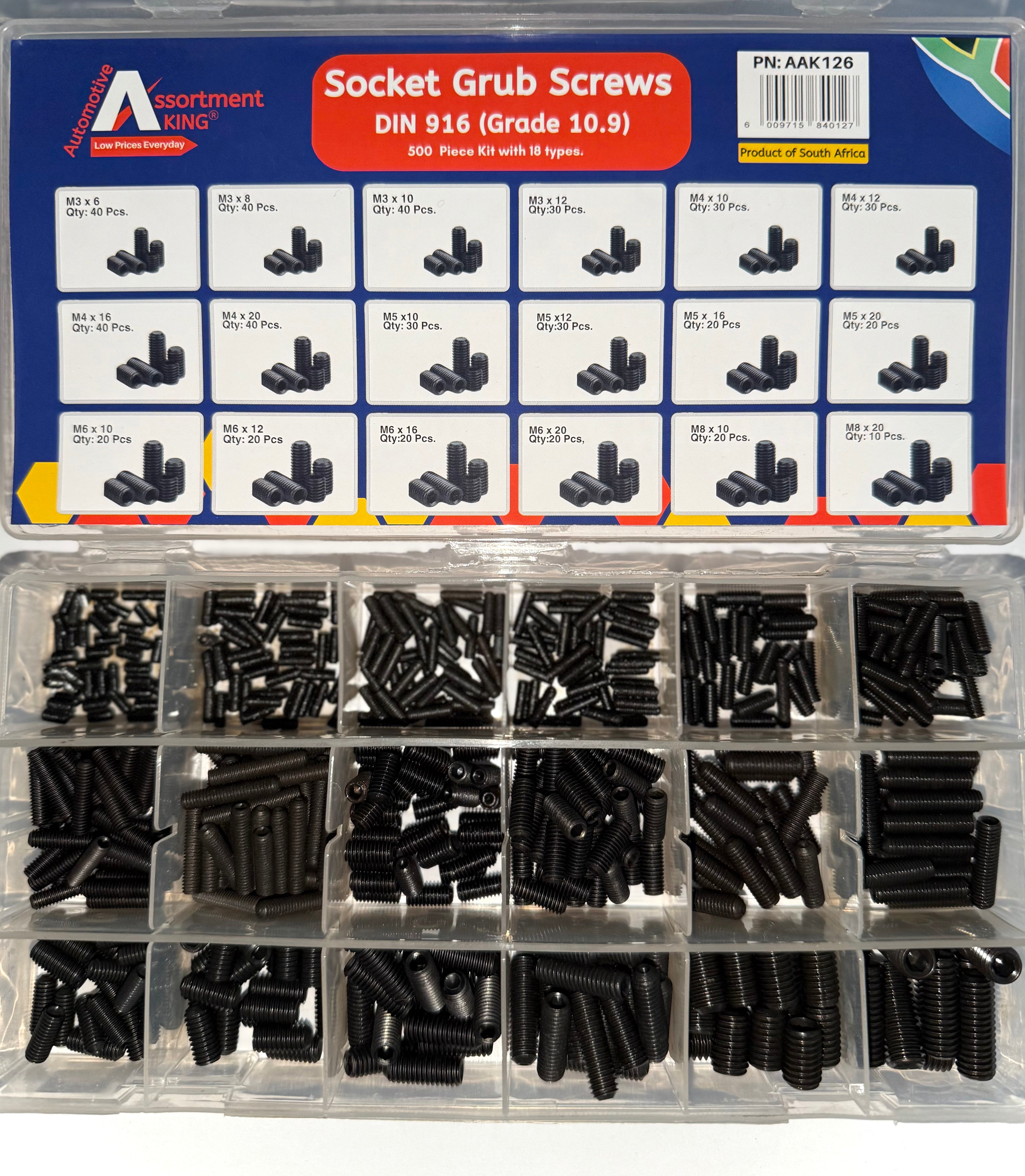 Socket Grub Screws - Din 916 (Grade 10.9) 500 Piece Kit, 18 Types