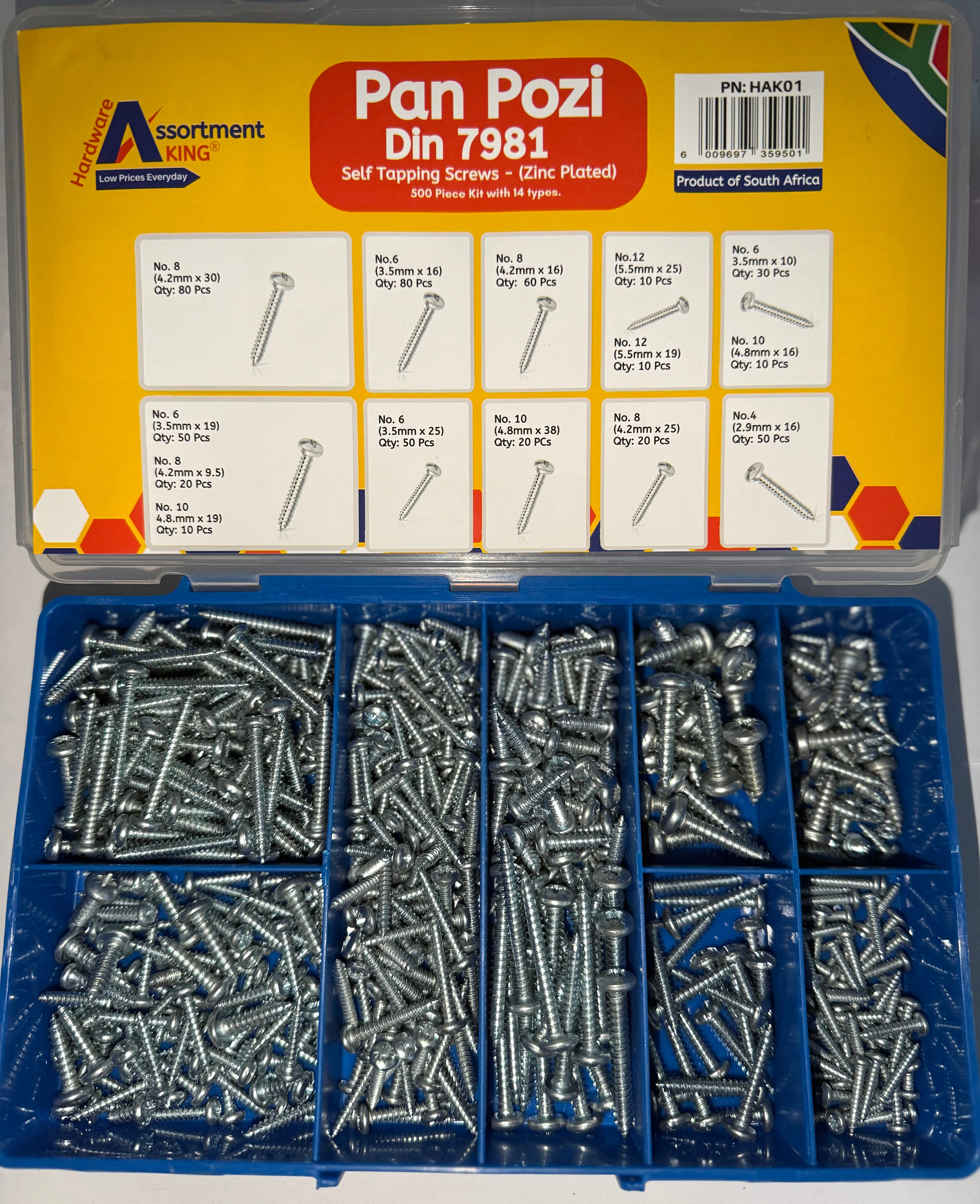 Pan Pozi DIN 7981 - 500 PCE Self Tapping Screws Kit | Zinc-Plated Steel