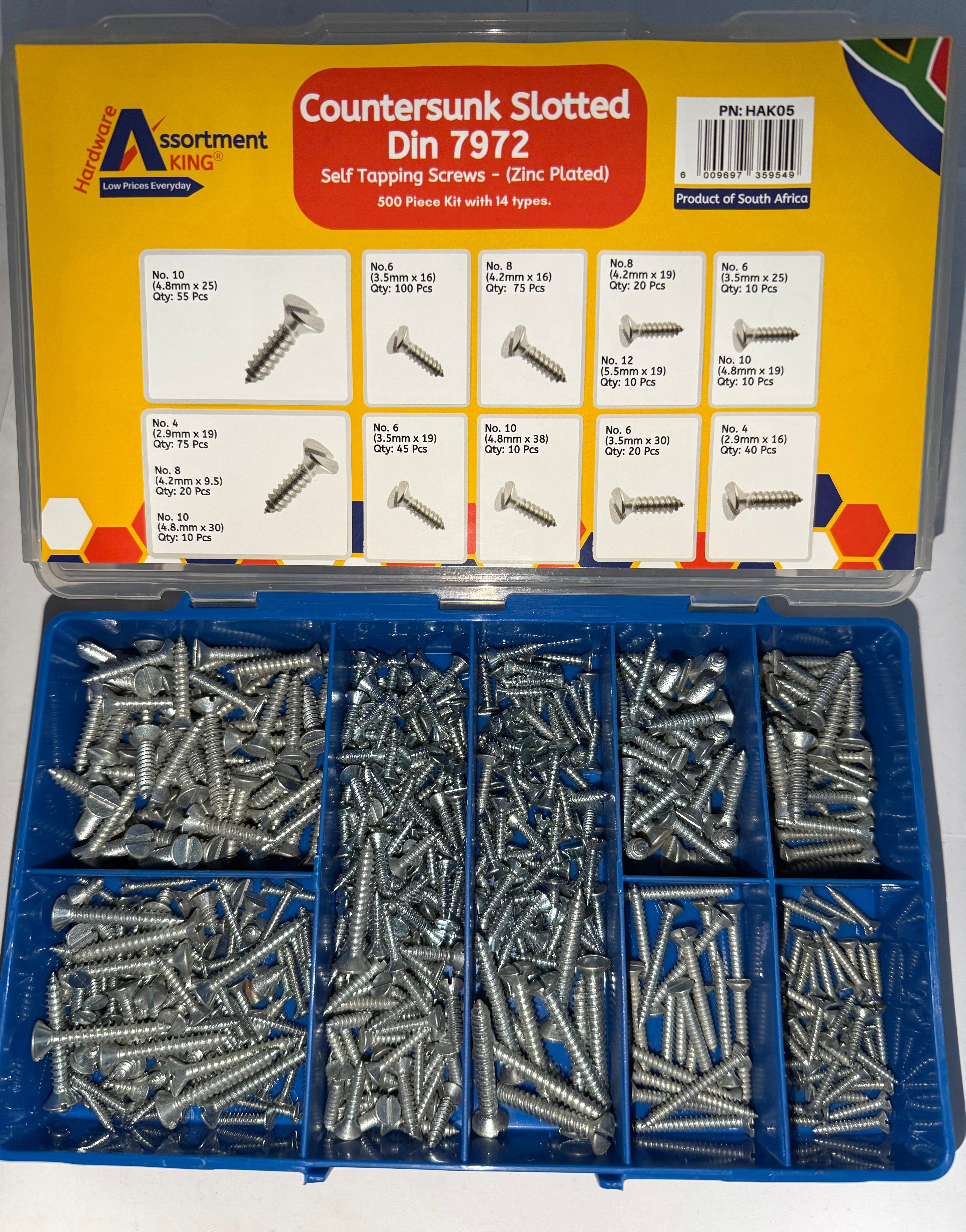 Countersunk Slotted Self Tapping Screws Kit – 500 PCE DIN 7972 Assortment | Zinc Plated