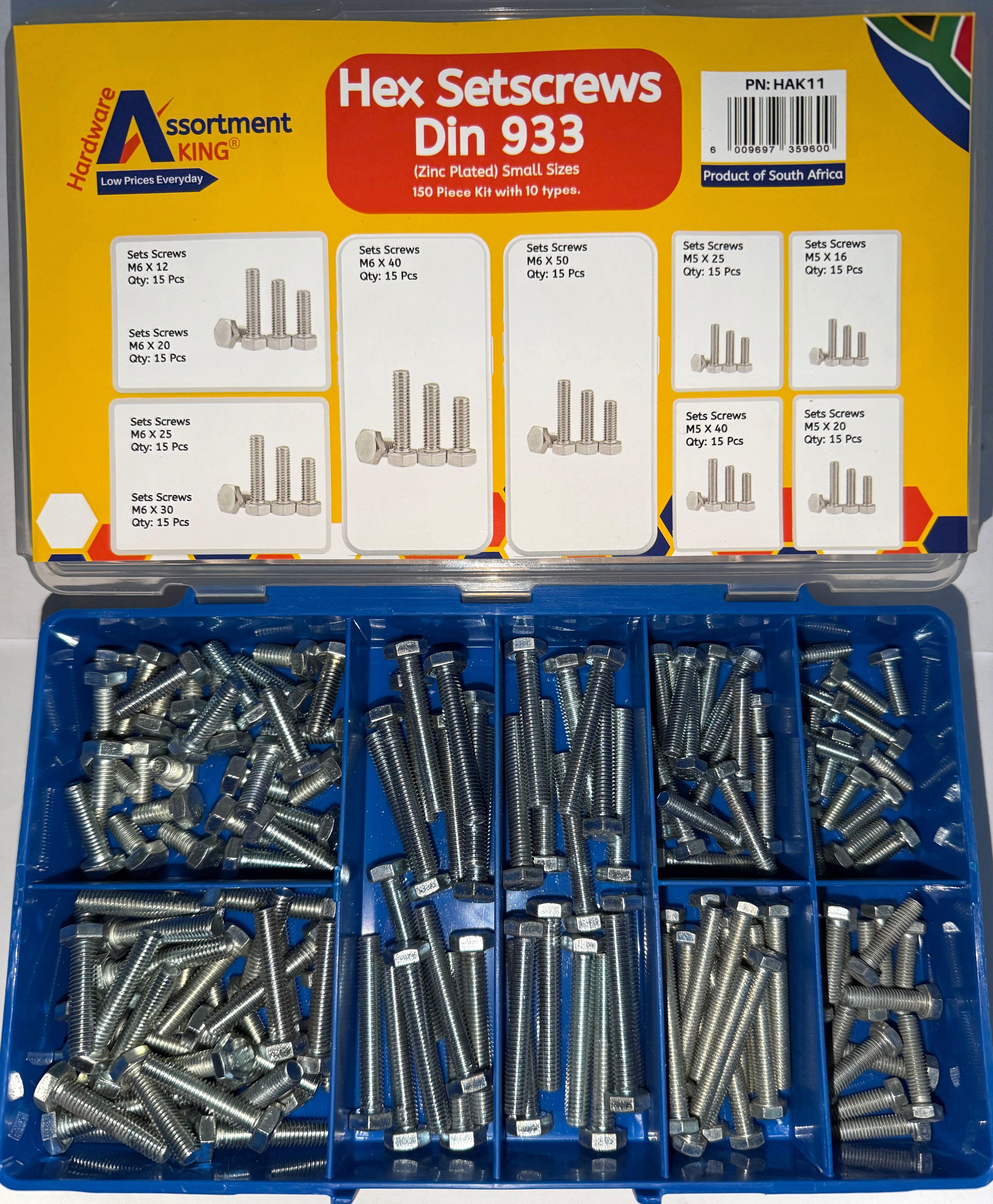 Hex Setscrews & Nuts Assortment Kit – 150 PCE | DIN 933 | Zinc Plated