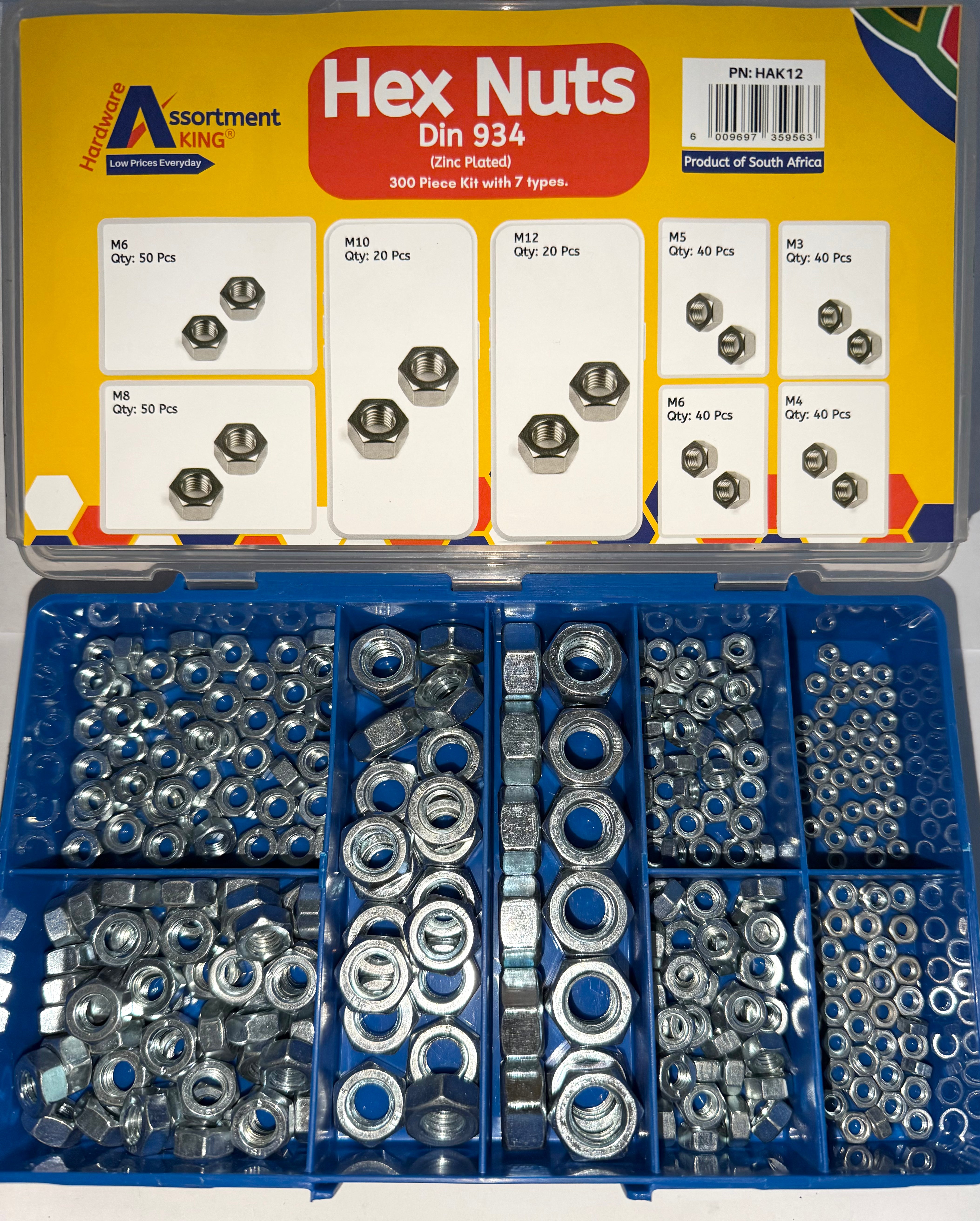 Hex Nuts Assortment Kit – 300 PCE | DIN 934 | Zinc Plated Steel