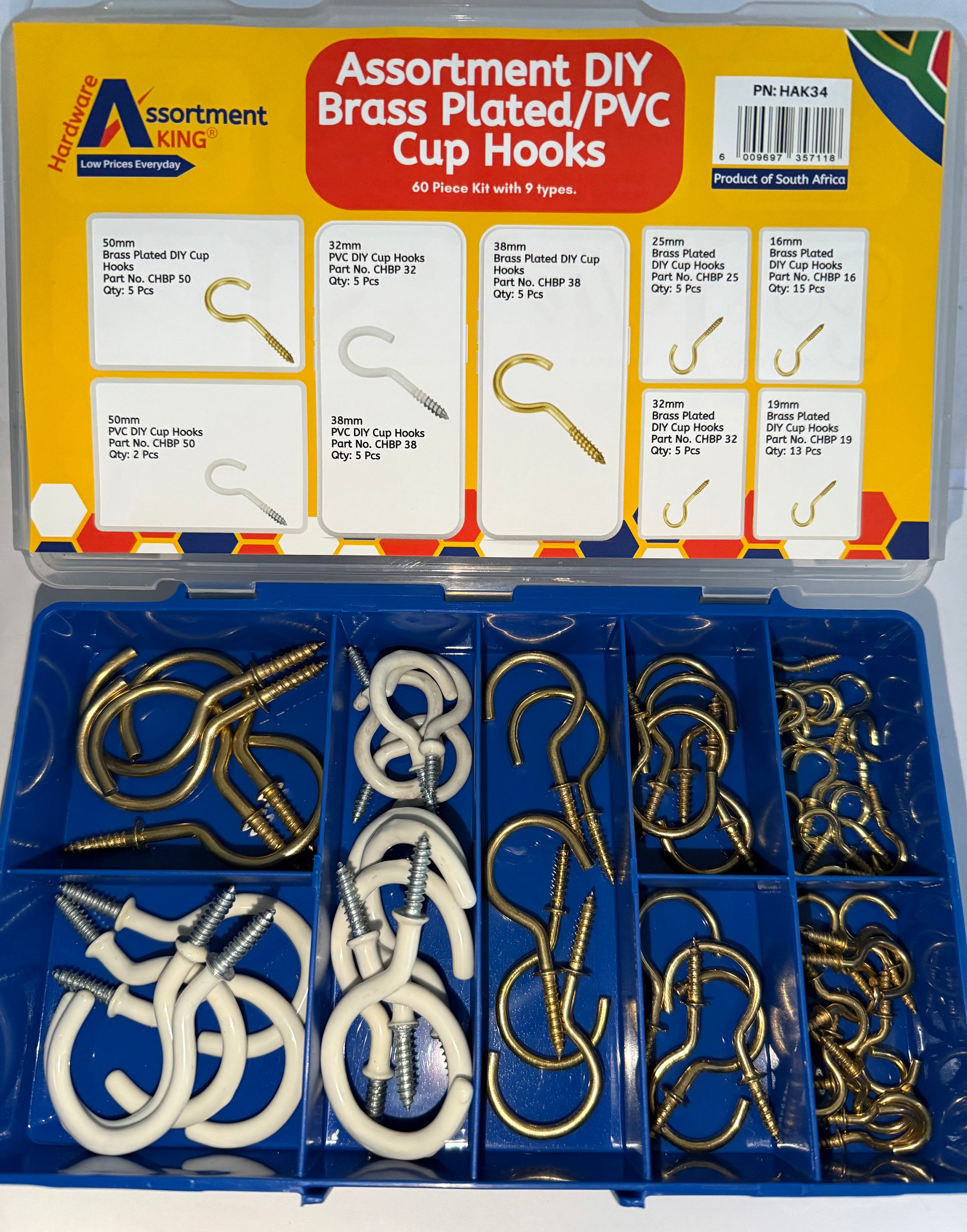 Assortment DIY Brass Plated/PVC Cup Hooks - 60 PCE