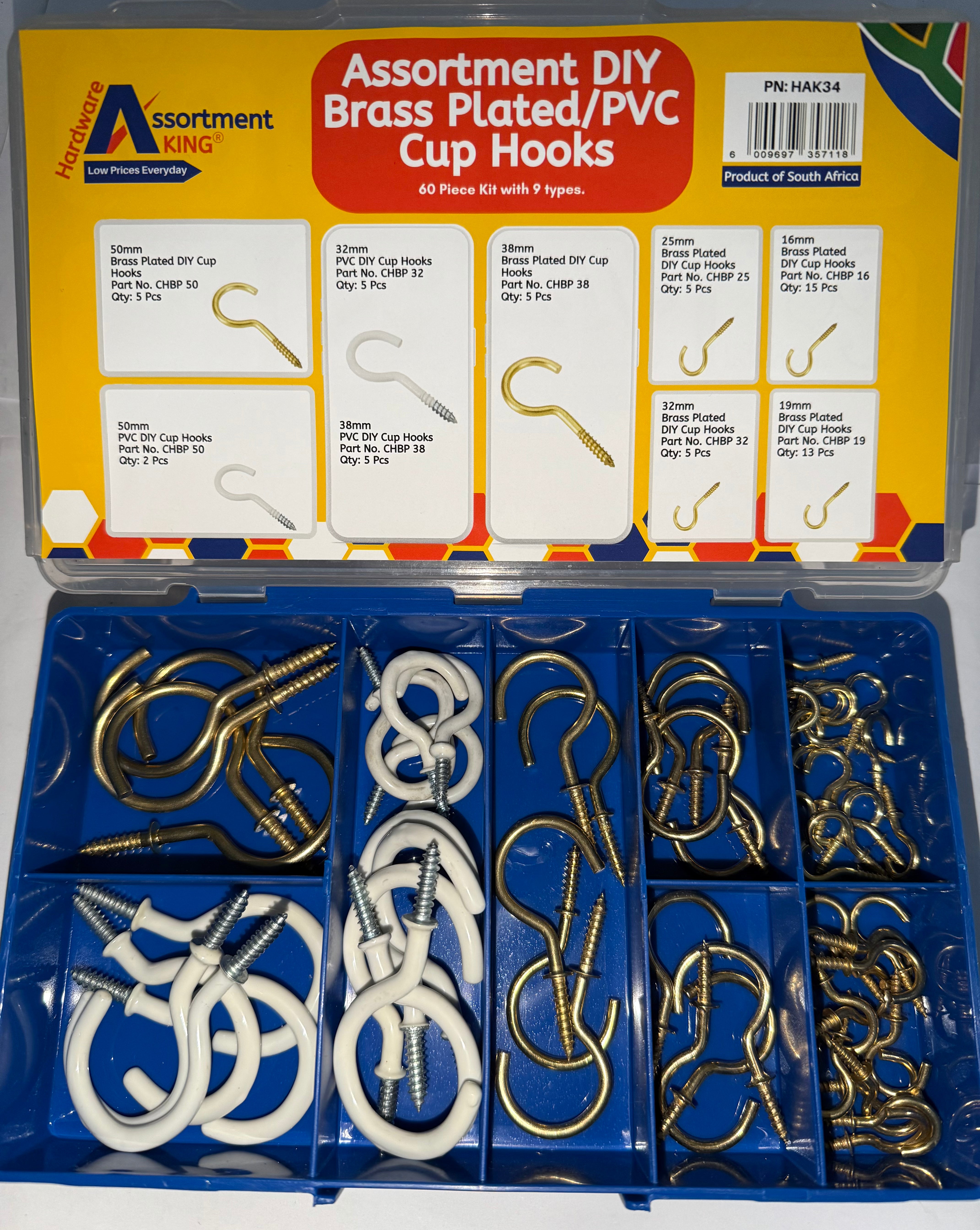 Assortment DIY Brass Plated/PVC Cup Hooks - 60 PCE