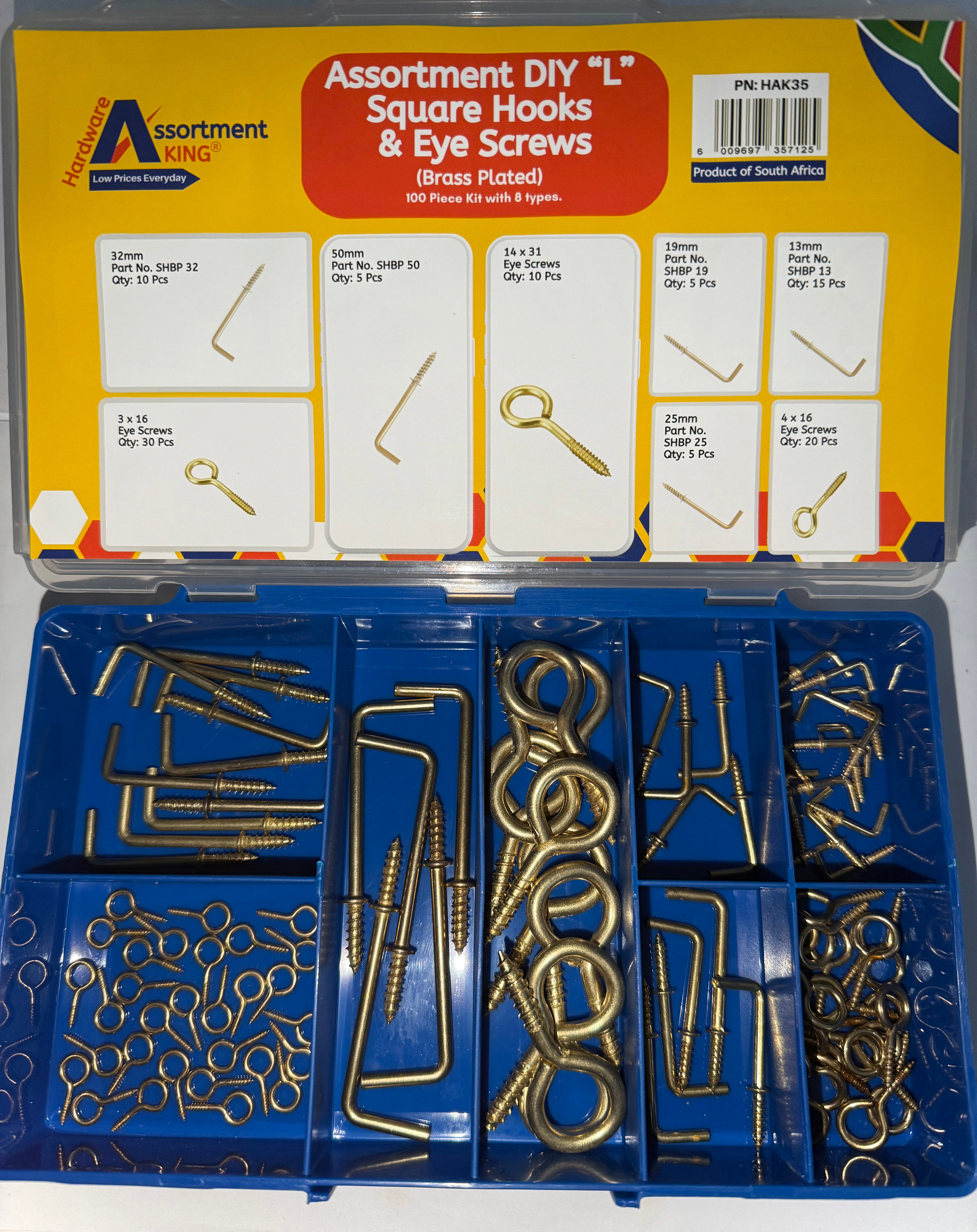 Assortment DIY "L" Square Hook & Eye Screws (Brass Plated) - 100 Piece