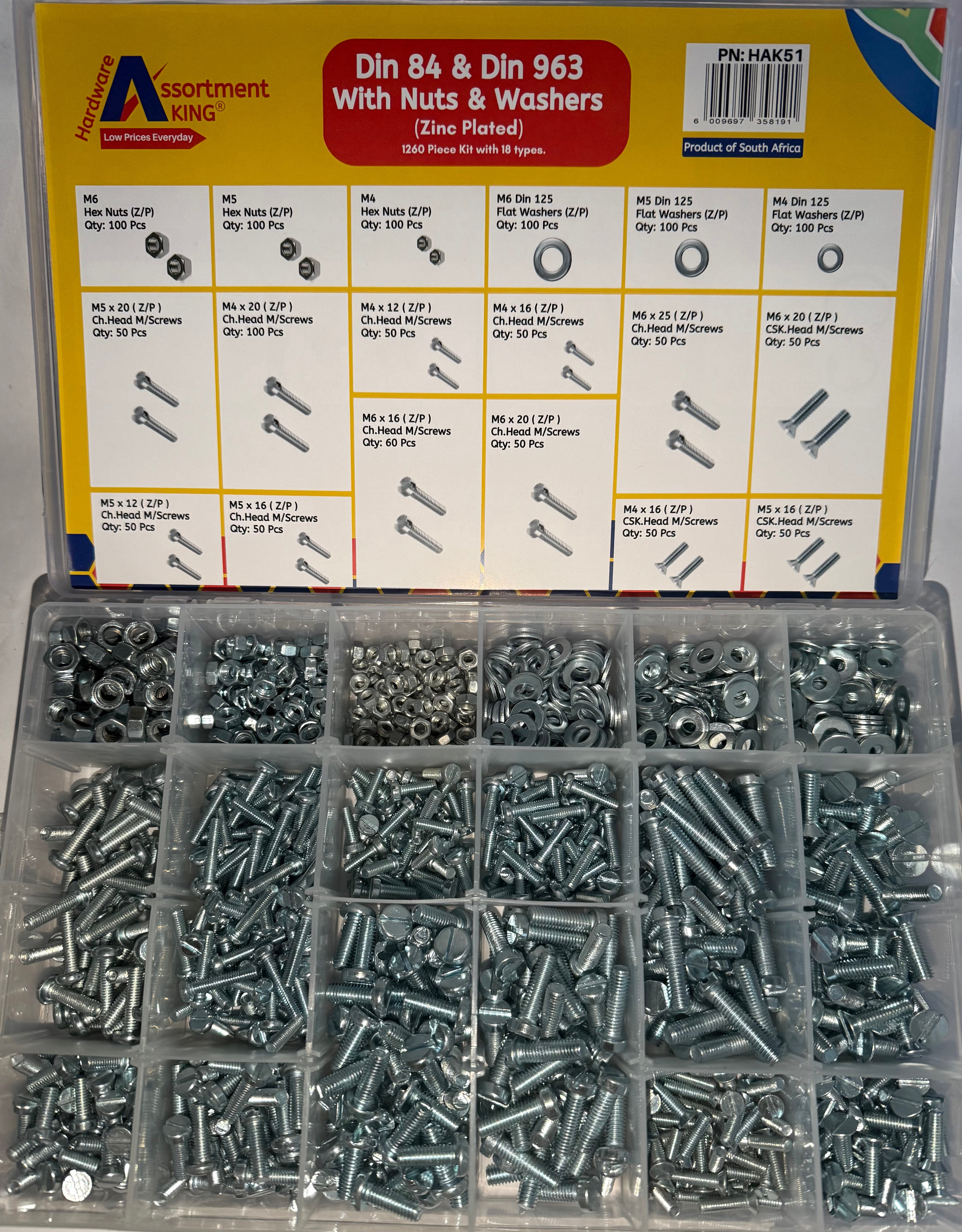 Din 84 & Din 963 With Nuts & Flat Washers - (Zinc Plated) -  1,260 PCE | Large Box